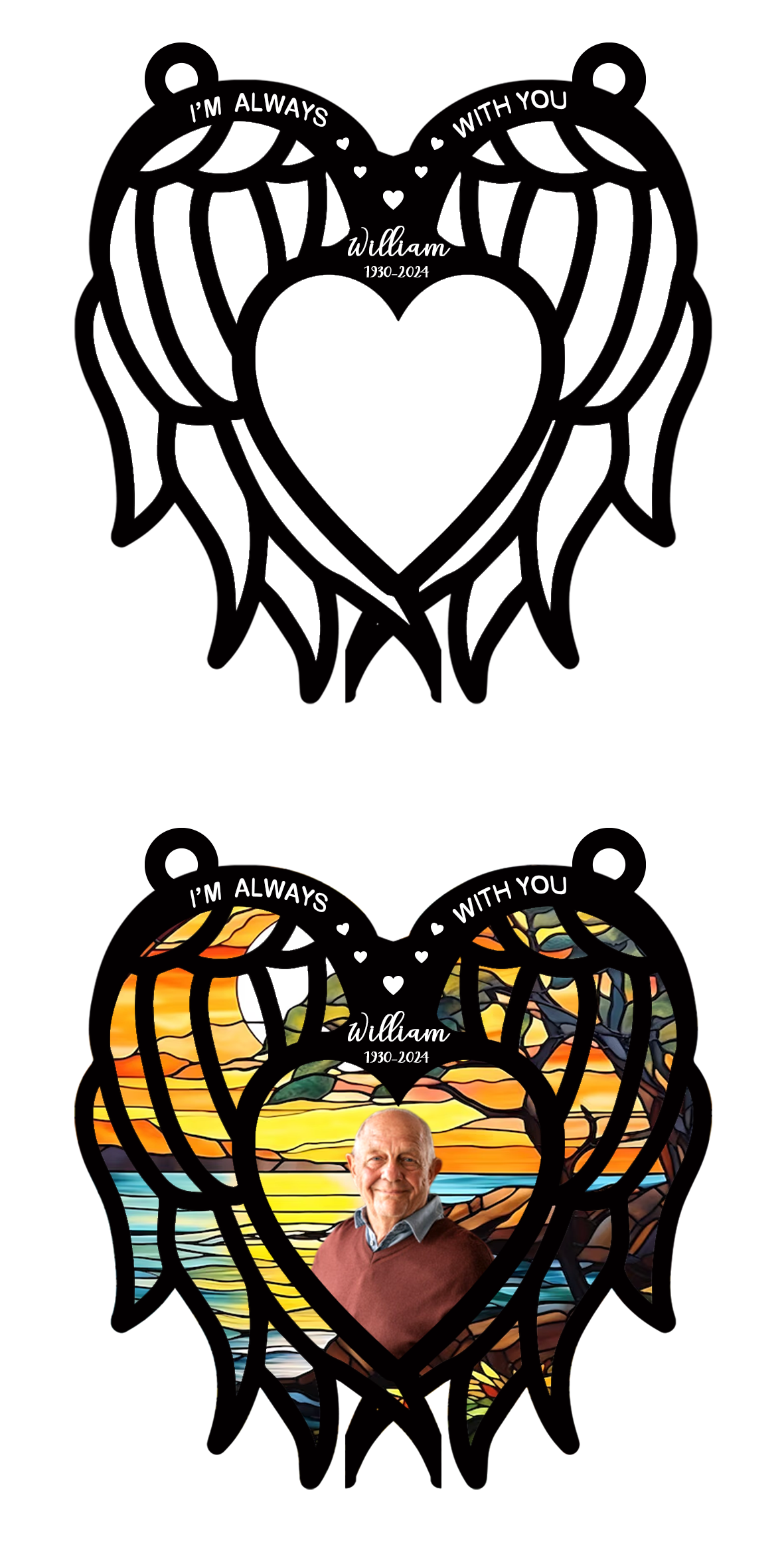 Personalized Memorial Hanging Suncatcher β Angel Wings Heart Design with Photo for Loss of Loved One (H-Sun-19)