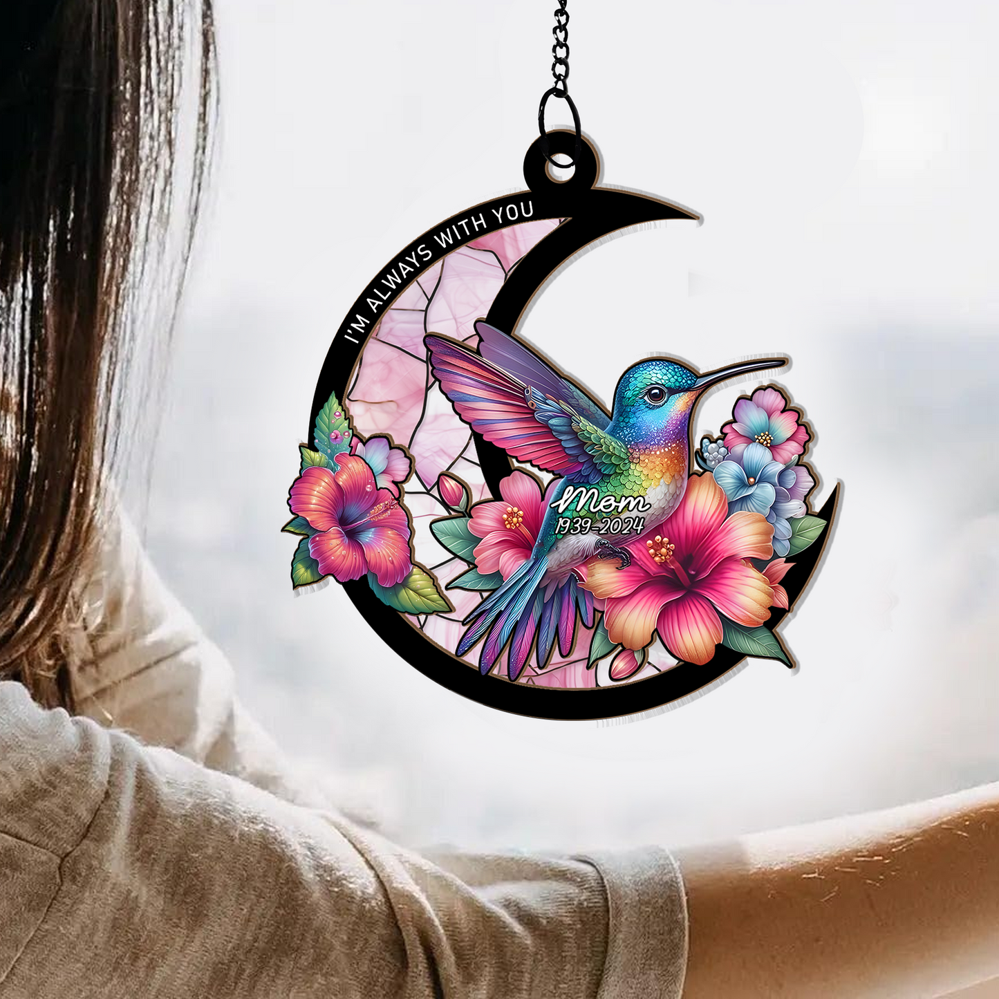 Hummingbird Memorial Gift for Mom β Personalized Stained Hanging Suncatcher with Name and Years β Sympathy Gift Idea (H-Sun-22)