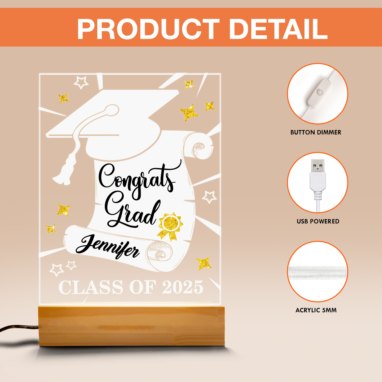 Personalized Graduation Night Light – Custom Acrylic Plaque with Graduate’s Name and Graduation Year (GNL-05)