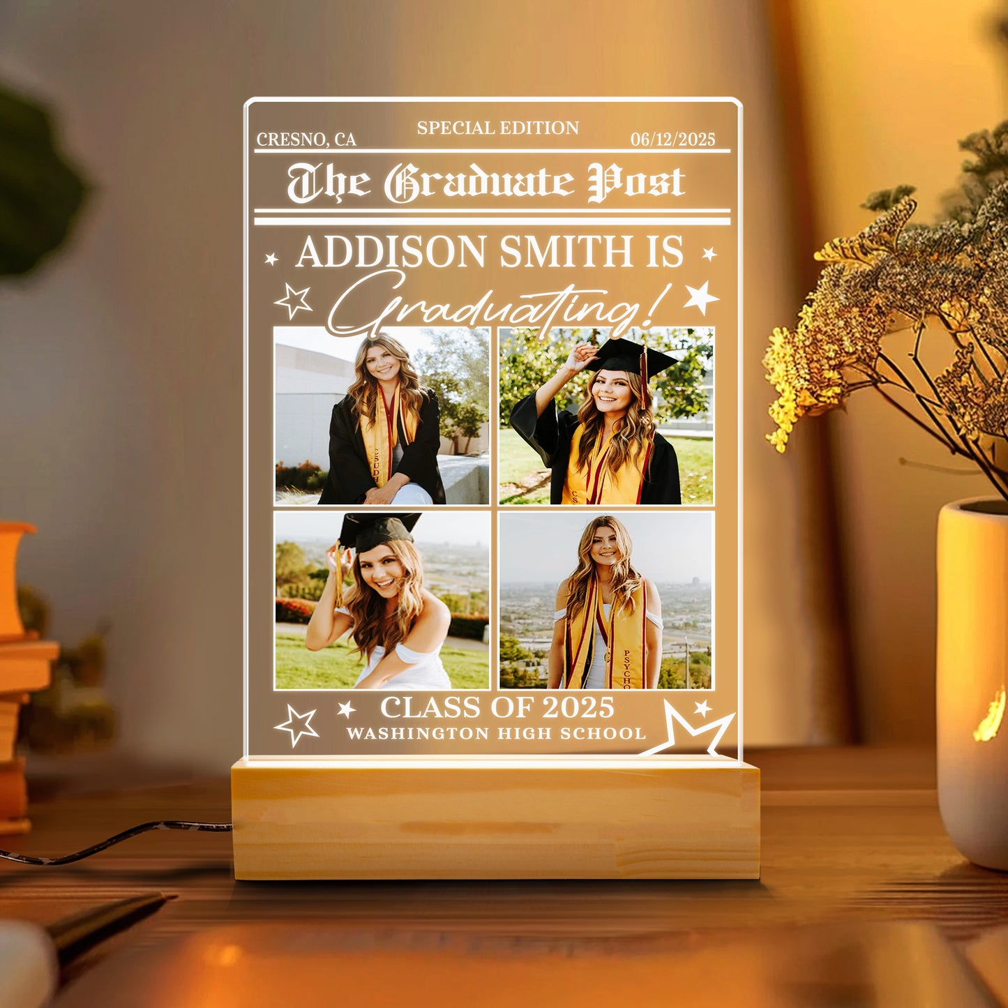 Graduation Night Light Gift with Photo, Personalized Graduate Frame, Senior Keepsake, Highschool or College Celebration Plaque (GNL-29)