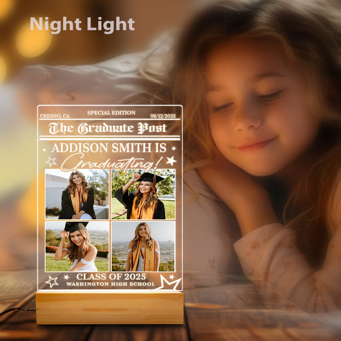 Graduation Night Light Gift with Photo, Personalized Graduate Frame, Senior Keepsake, Highschool or College Celebration Plaque (GNL-29)