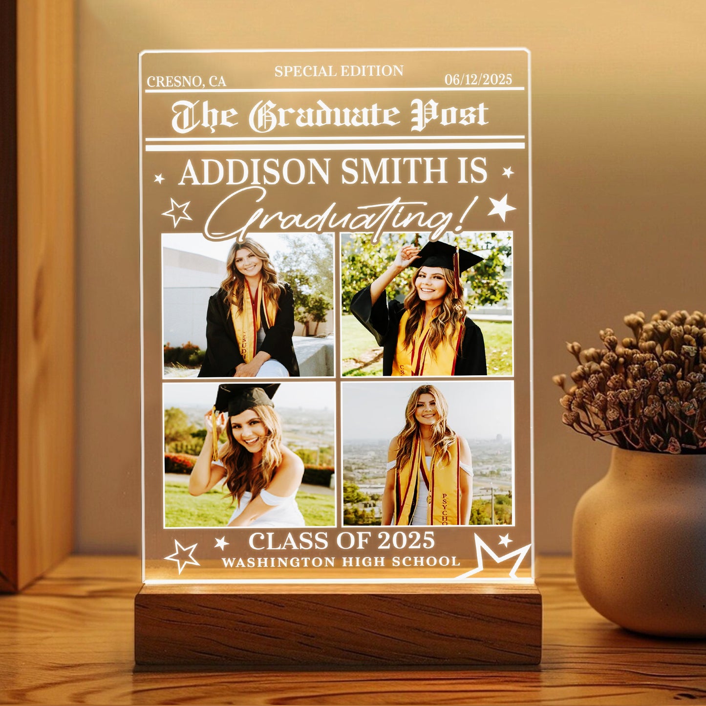 Graduation Night Light Gift with Photo, Personalized Graduate Frame, Senior Keepsake, Highschool or College Celebration Plaque (GNL-29)