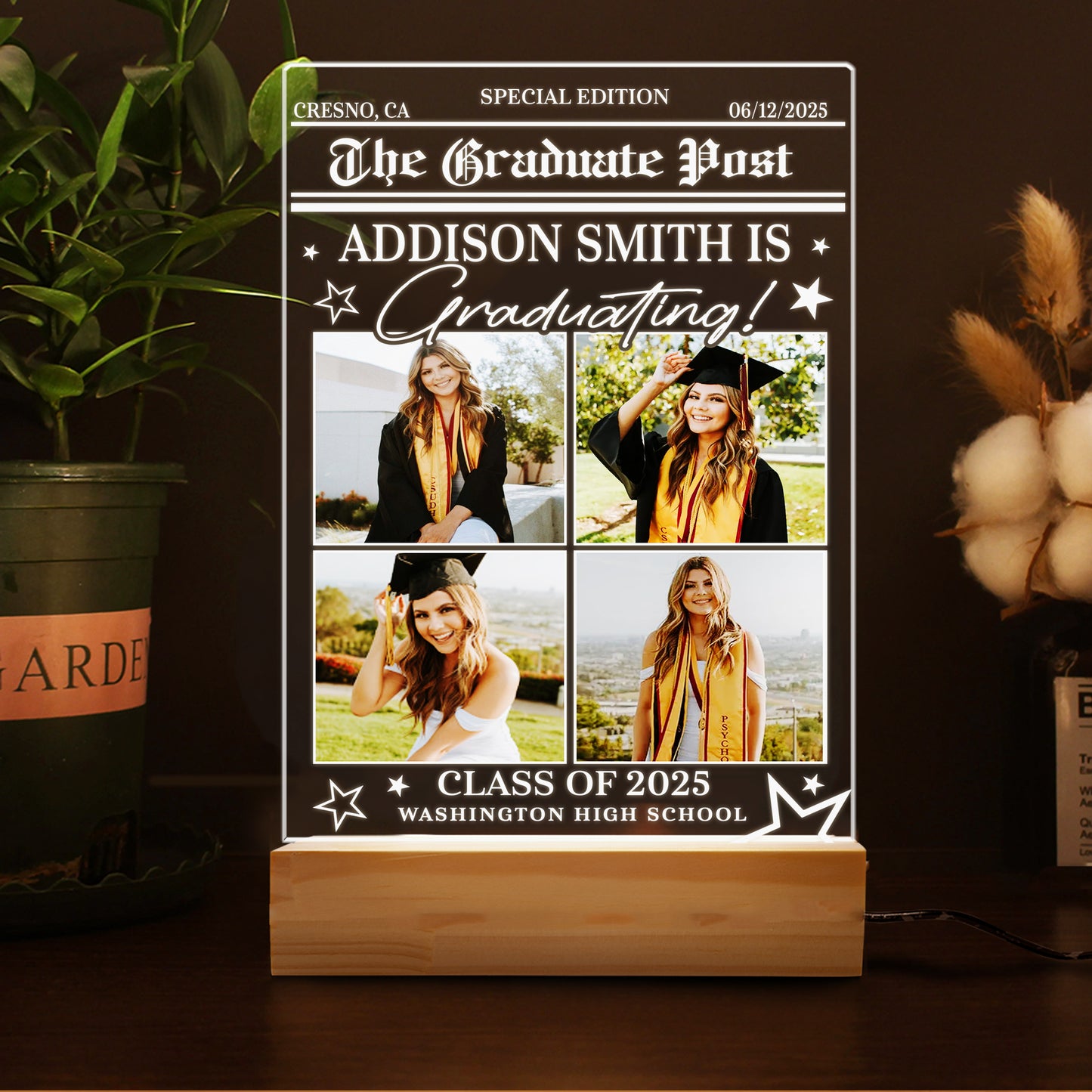 Graduation Night Light Gift with Photo, Personalized Graduate Frame, Senior Keepsake, Highschool or College Celebration Plaque (GNL-29)