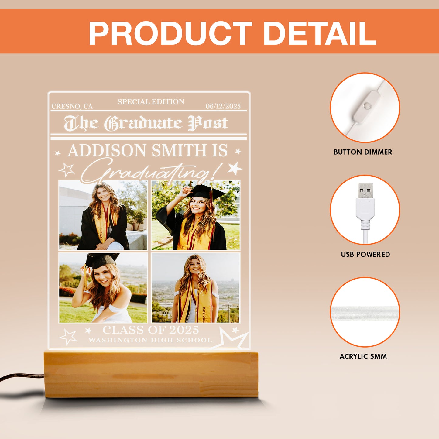 Graduation Night Light Gift with Photo, Personalized Graduate Frame, Senior Keepsake, Highschool or College Celebration Plaque (GNL-29)