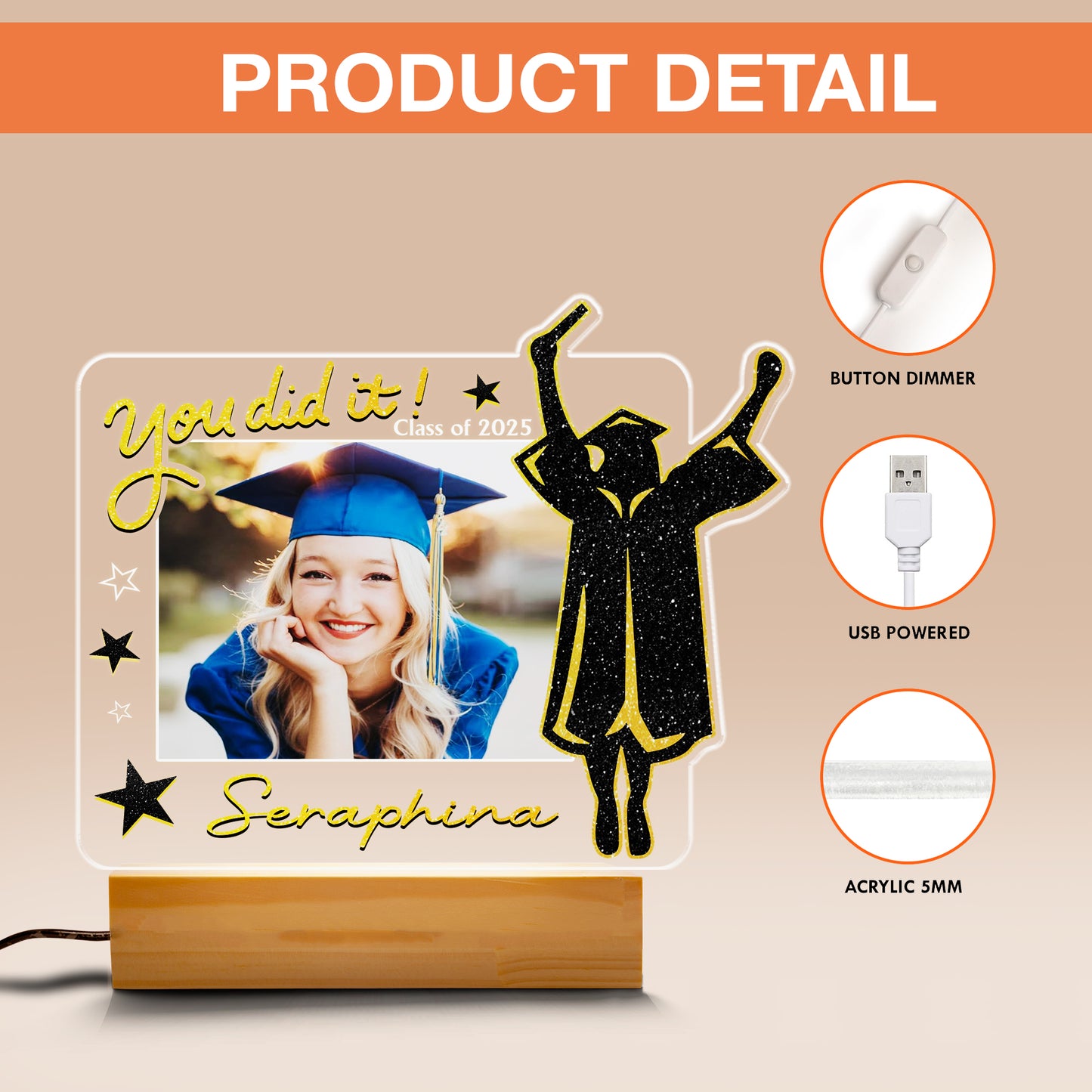 Personalized Grad Night Light β 2025 Yearbook Gift with Your Name and Photo, A Symbol of Unforgettable School Moments (GNL-26)