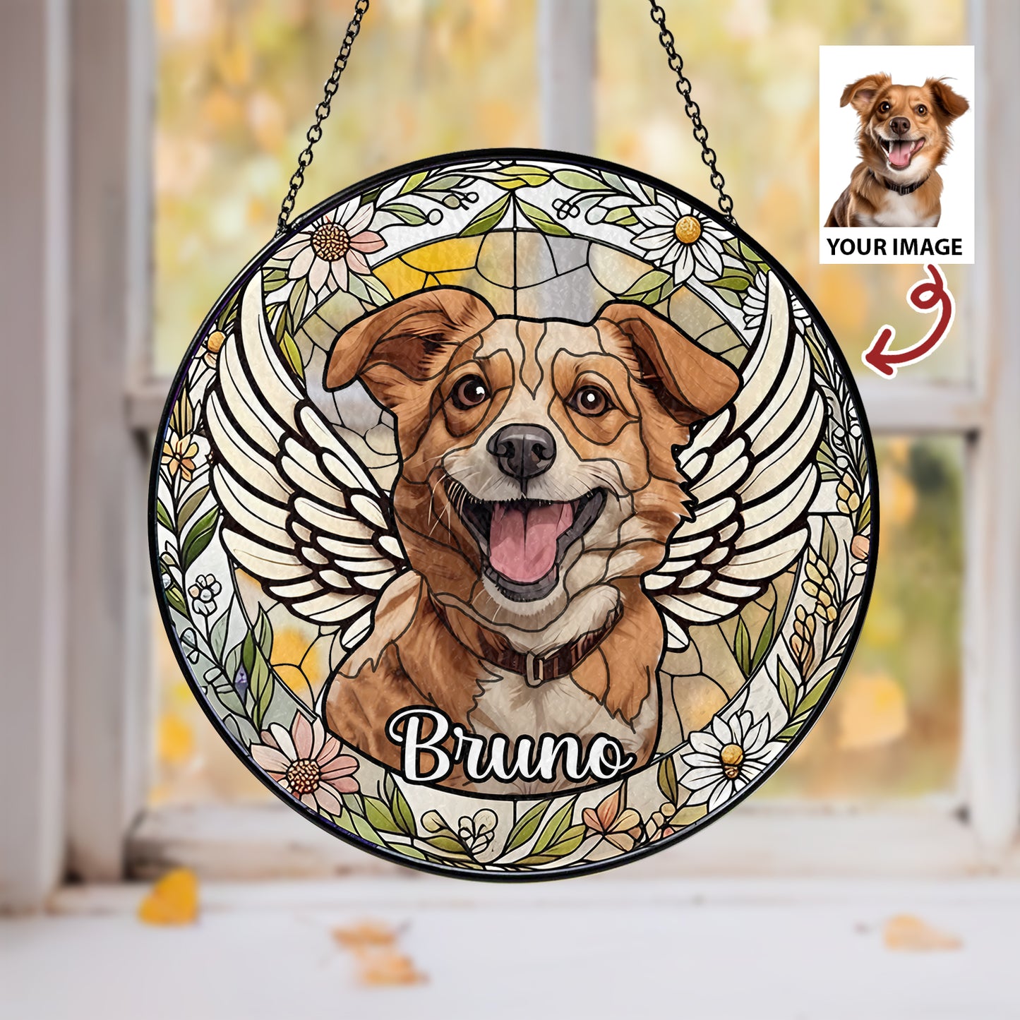 Custom Pet Portrait Suncatcher β Handmade Glass Memorial Gift for Honoring the Memory of a Loyal Dog (Sun-40)