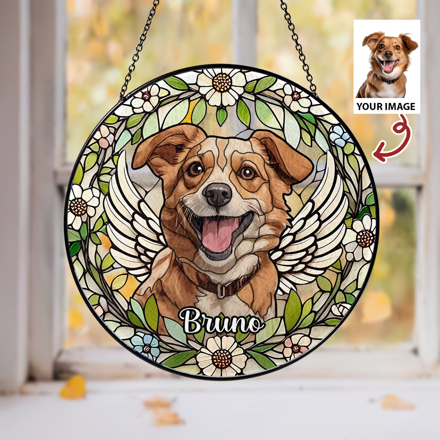 Custom Pet Portrait Suncatcher β Handmade Glass Memorial Gift for Honoring the Memory of a Loyal Dog (Sun-40)