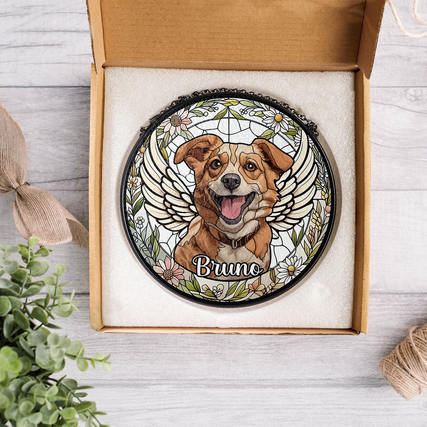 Custom Pet Portrait Suncatcher β Handmade Glass Memorial Gift for Honoring the Memory of a Loyal Dog (Sun-40)