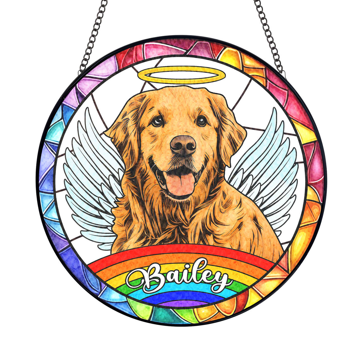 Custom Rainbow Bridge Dog Suncatcher, Stained Glass Style Window Decor with Angel Dog, Wings, and Halo (Sun-97)