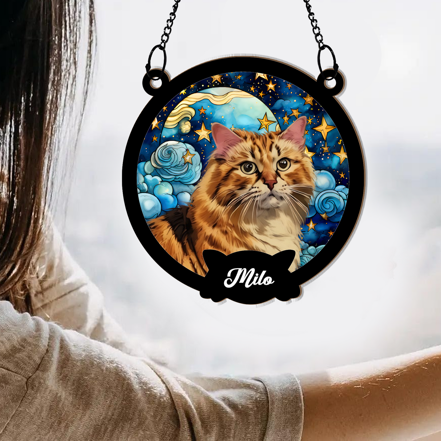 Personalized Cat Portrait Suncatcher β Custom Starry Sky Window Hanging with Pet Photo and Name β Gift for Cat Lovers and Pet Owners (H-Sun-21)