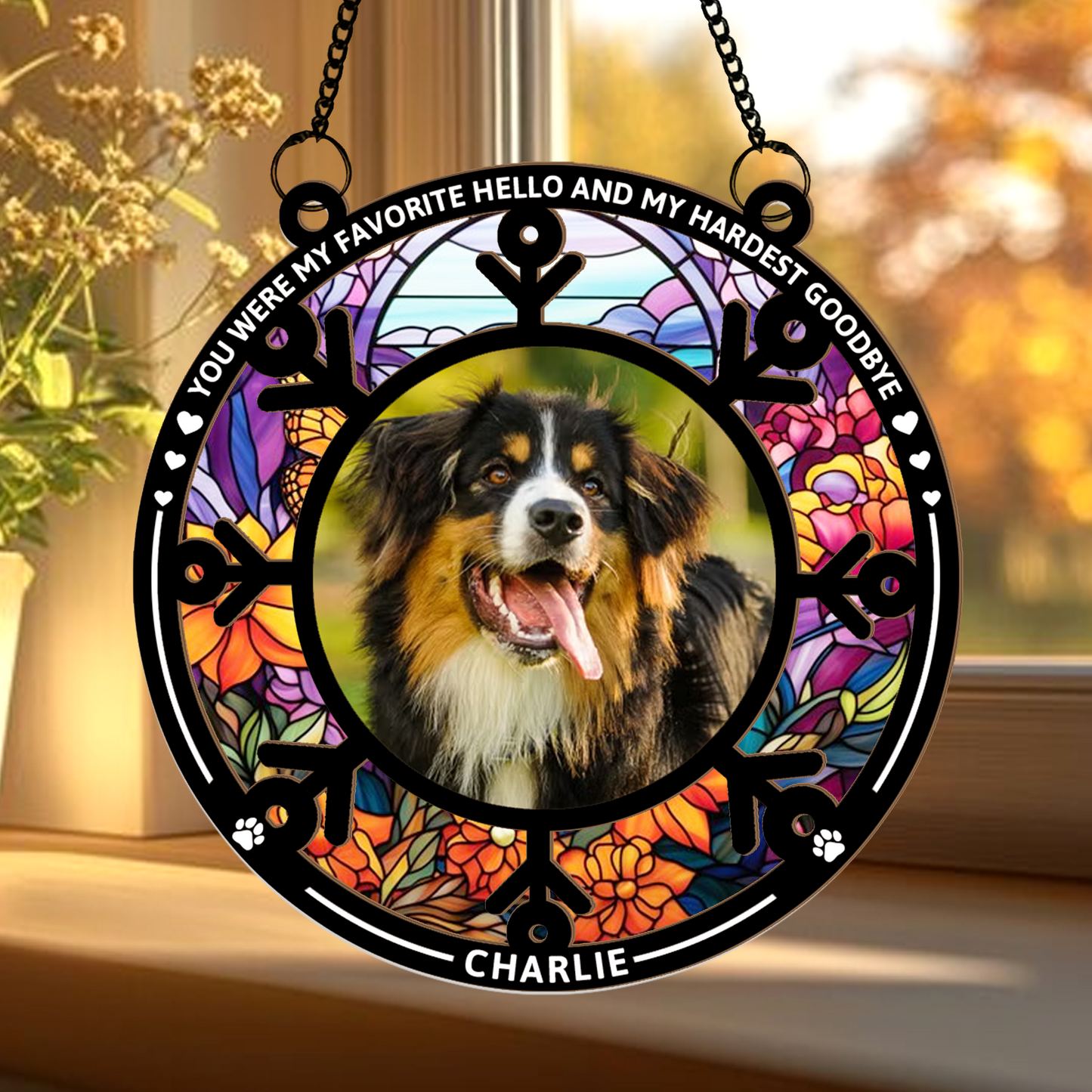 Pet Memorial Hanging Suncatcher with Photo and Name β Personalized Rainbow Bridge Remembrance Gift for Dog or Cat Loss (H-Sun-29)