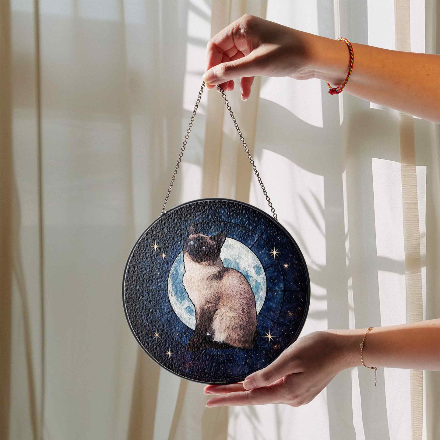 Cat Glass Ornaments, Paradise Cat Window Ornaments, Stained Glass Moon and Star Ornaments, Gifts for Cat Lovers (Sun-107)