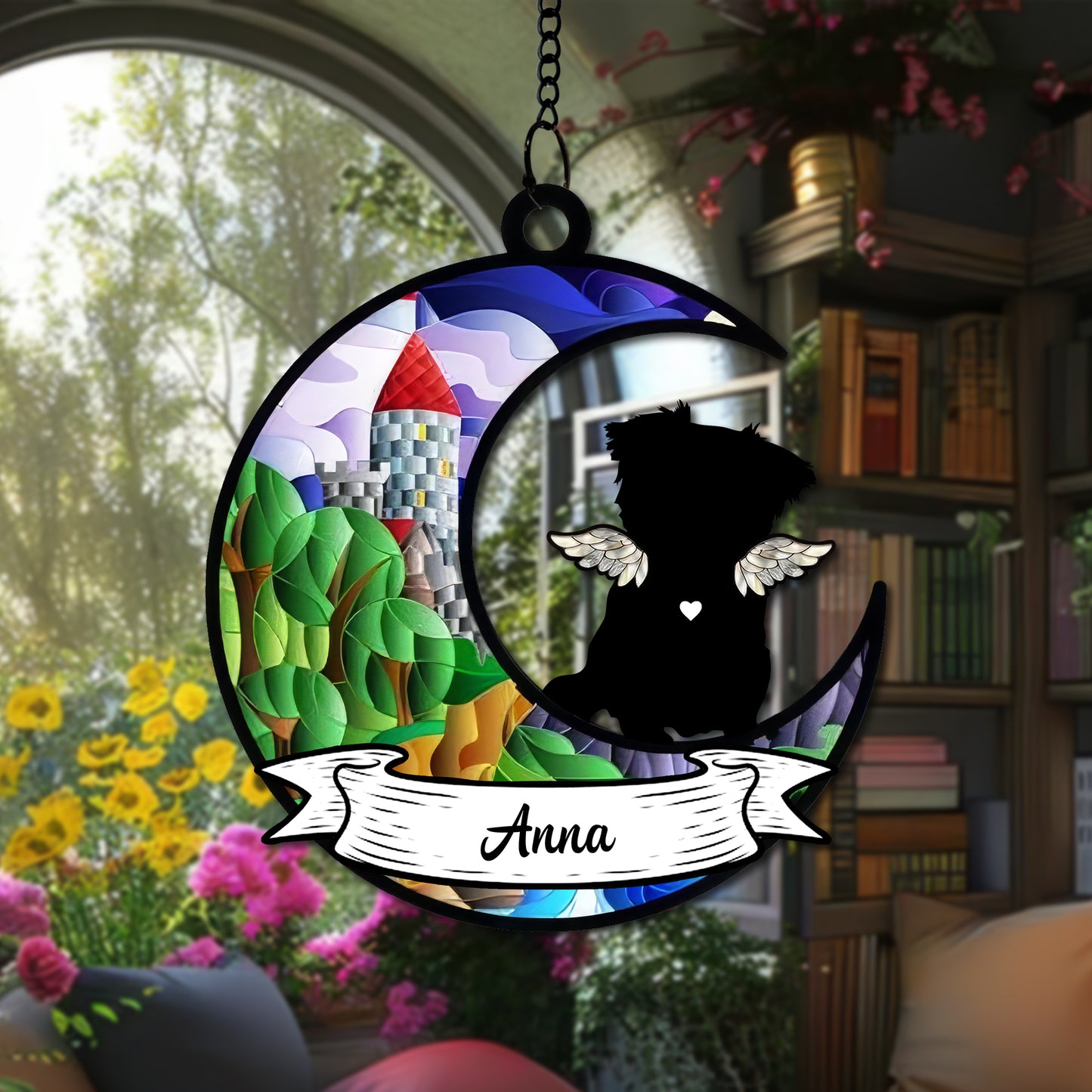 Personalized Pet Memorial Hanging Suncatcher β Crescent Moon with Angel Dog Silhouette, Name Banner, and Fairy Tale Castle Design (H-Sun-28)