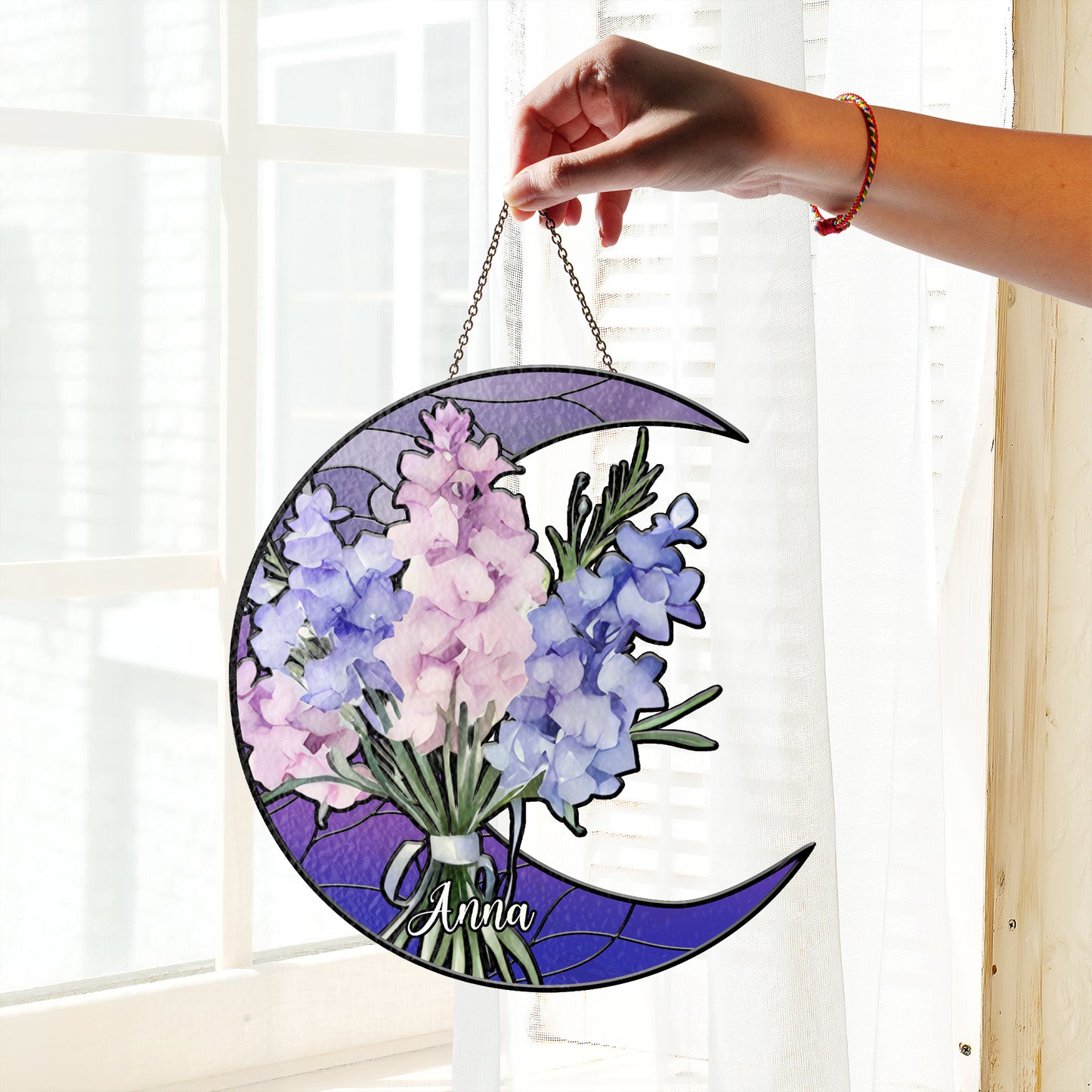 Custom Crescent Moon Glass Suncatcher with Personalized Birth Flowers and Name β Unique Window Decor and Gift for Mother, Mimi, or Nana (Sun-78)