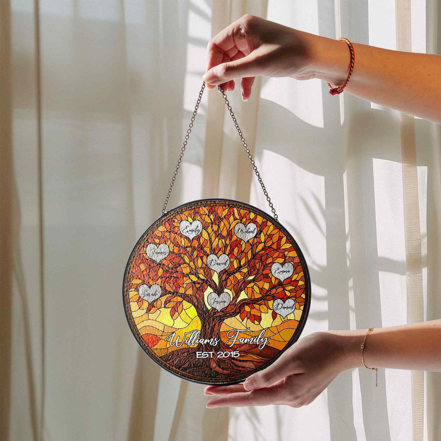 Custom Family Tree Glass Suncatcher β Personalized Stained Glass Style Window Hanging with Names & Established Year (Sun-109)