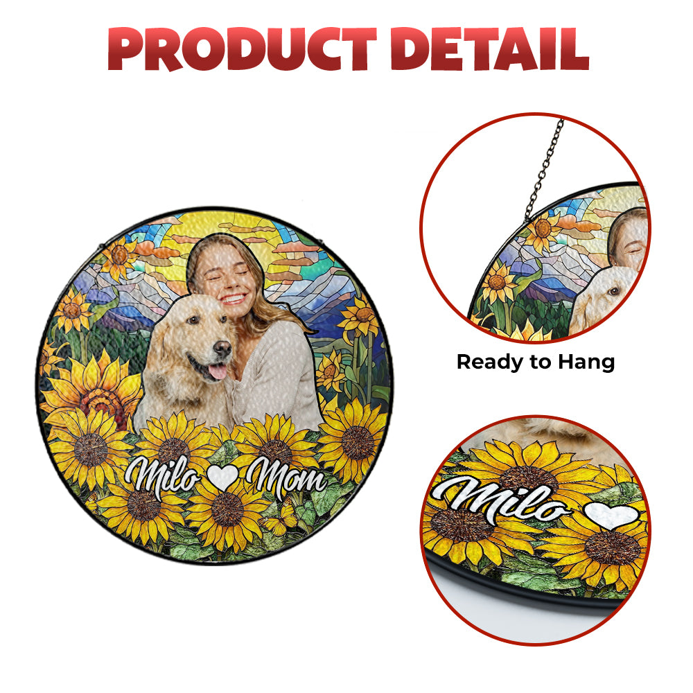Custom Glass Suncatcher Featuring Pet and Owner β A Personalized Sunlit Tribute for Remembering a Beloved Furry Companion (Sun-68)
