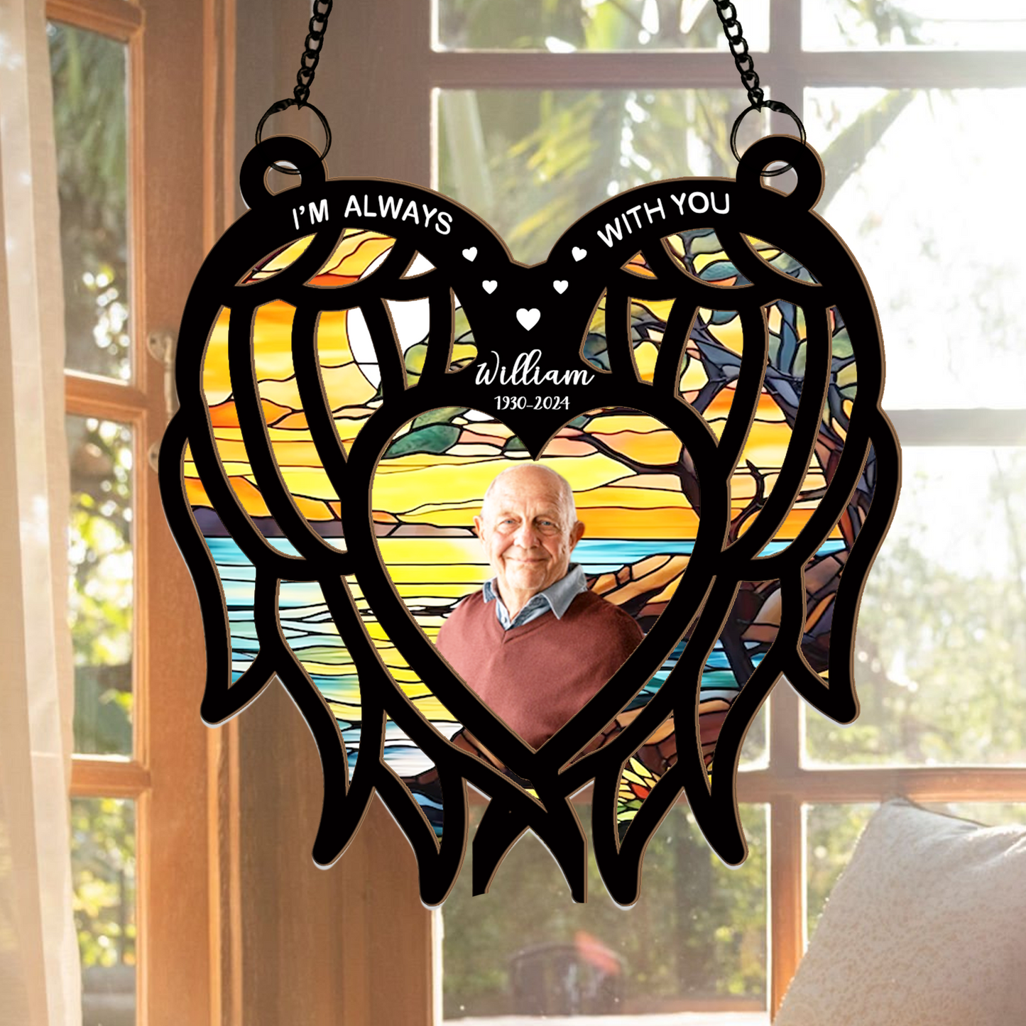 Personalized Memorial Hanging Suncatcher β Angel Wings Heart Design with Photo for Loss of Loved One (H-Sun-19)