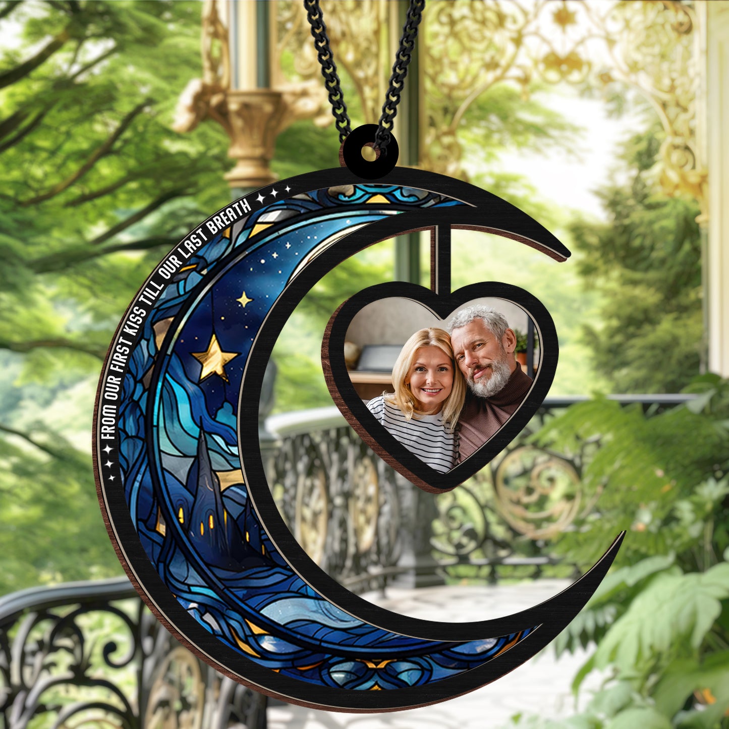 Personalized Hanging Suncatcher Moon and Heart β Custom Couple Photo Ornament β Romantic Stained Hanging Gift (Sun-105)