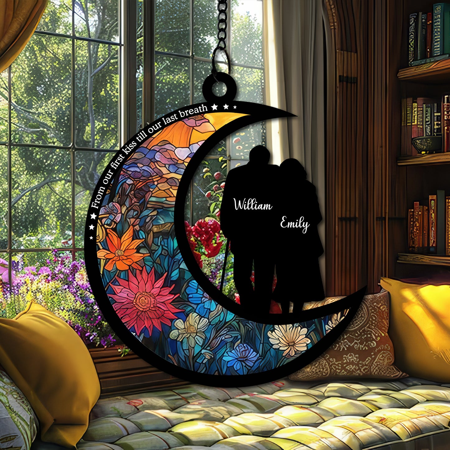 Personalized Couple Moon Suncatcher, Stained Glass Style Window Hanging, Custom Names Anniversary Gift, Romantic Crescent Moon Decor, Wedding Gift for Wife Husband (H-Sun-27)