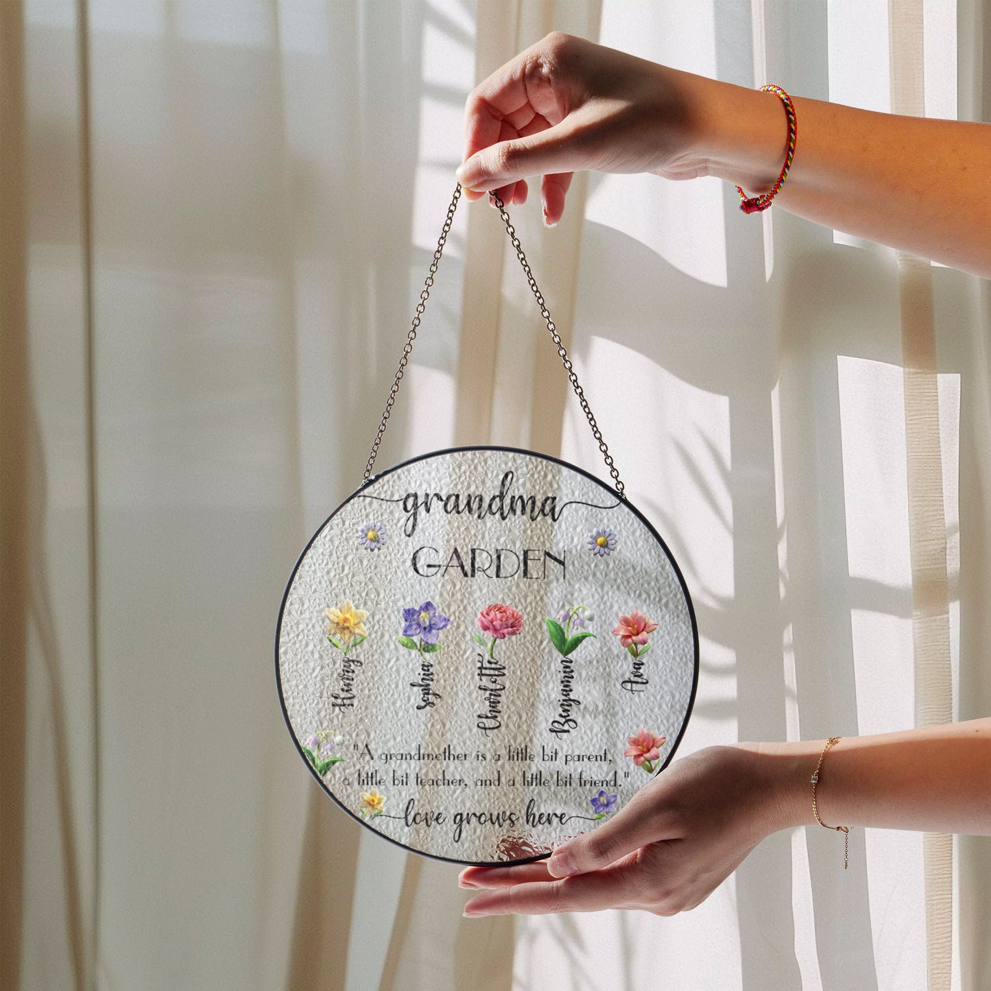 Grandma’s Garden Glass Suncatcher with Custom Names – Floral Window Hanging Sun Catcher – Mother's Day or Birthday Gift for Grandmother (Sun-101)