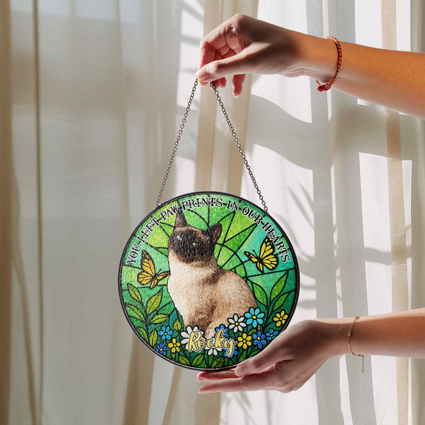 Personalized Pet Memorial Glass Suncatcher, Pet Loss Gift with Custom Name & Quote, "You Left Paw Prints In Our Hearts" Window Hanging (Sun-122)
