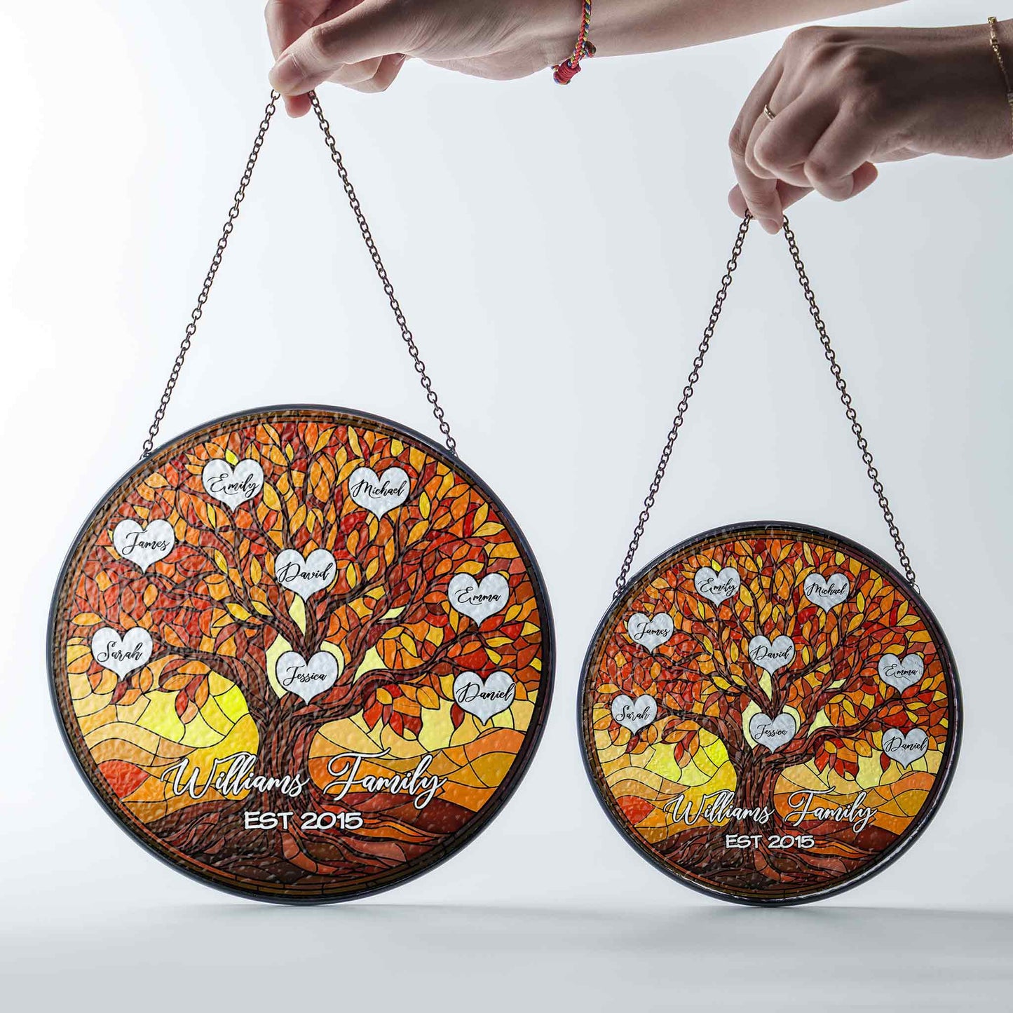 Custom Family Tree Glass Suncatcher β Personalized Stained Glass Style Window Hanging with Names & Established Year (Sun-109)