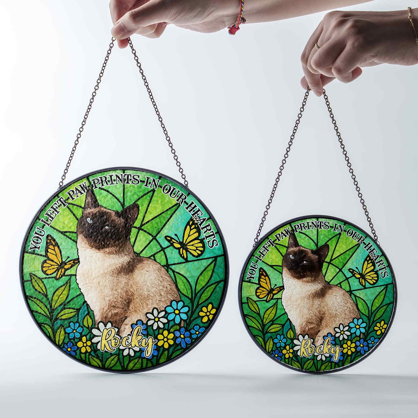 Personalized Pet Memorial Glass Suncatcher, Pet Loss Gift with Custom Name & Quote, "You Left Paw Prints In Our Hearts" Window Hanging (Sun-122)