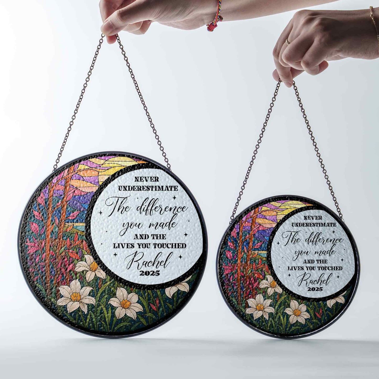 Personalized Inspirational Glass Suncatcher, Retirement Gift for Teacher or Mentor, Never Underestimate the Difference Quote, Custom Name and Year (Sun-108)