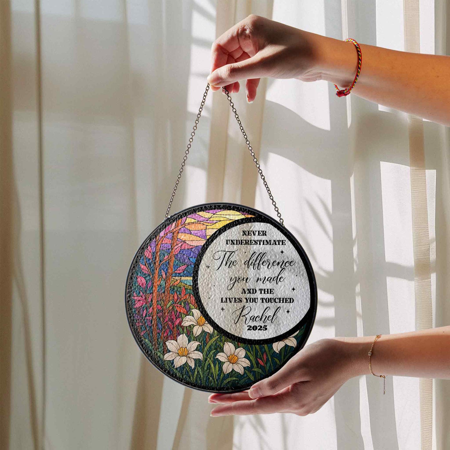 Personalized Inspirational Glass Suncatcher, Retirement Gift for Teacher or Mentor, Never Underestimate the Difference Quote, Custom Name and Year (Sun-108)