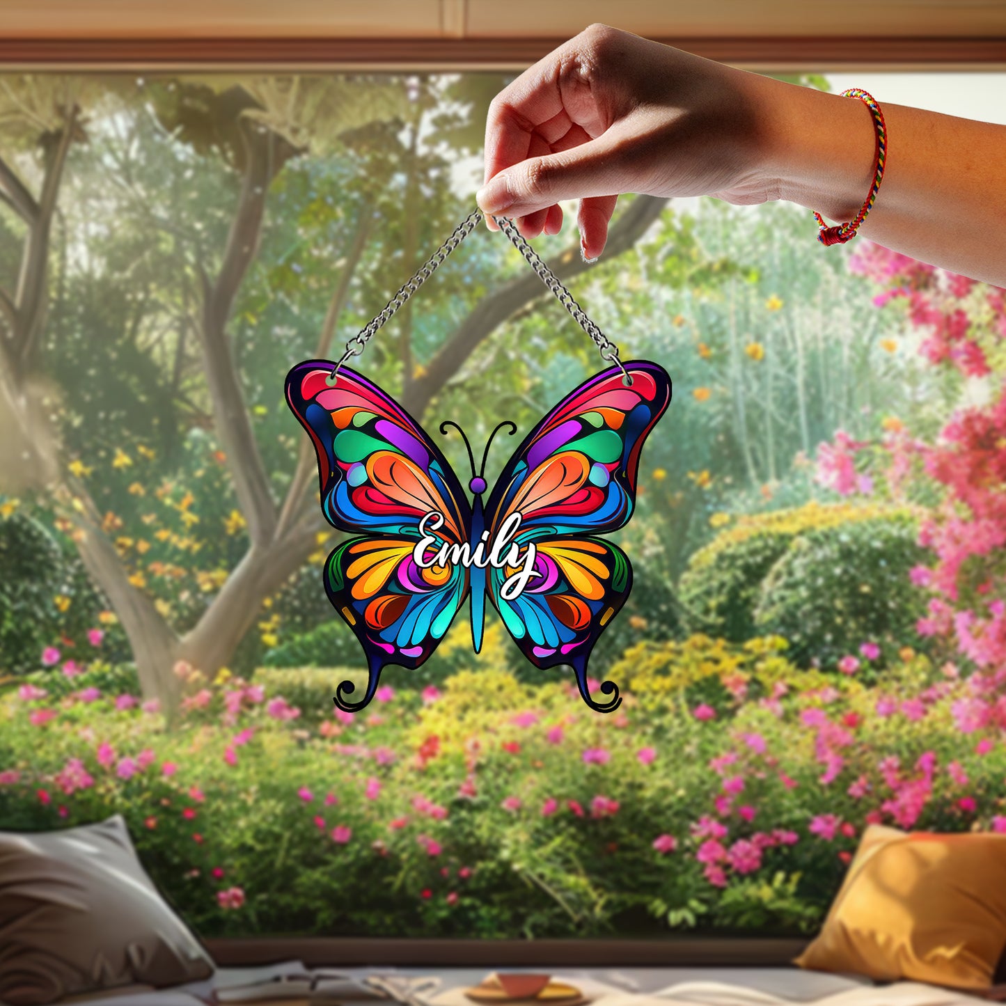 Personalized Butterfly Glass Suncatcher – Custom Name Window Hanging – Stained Glass Style Memorial or Gift for Her (Sun-91)