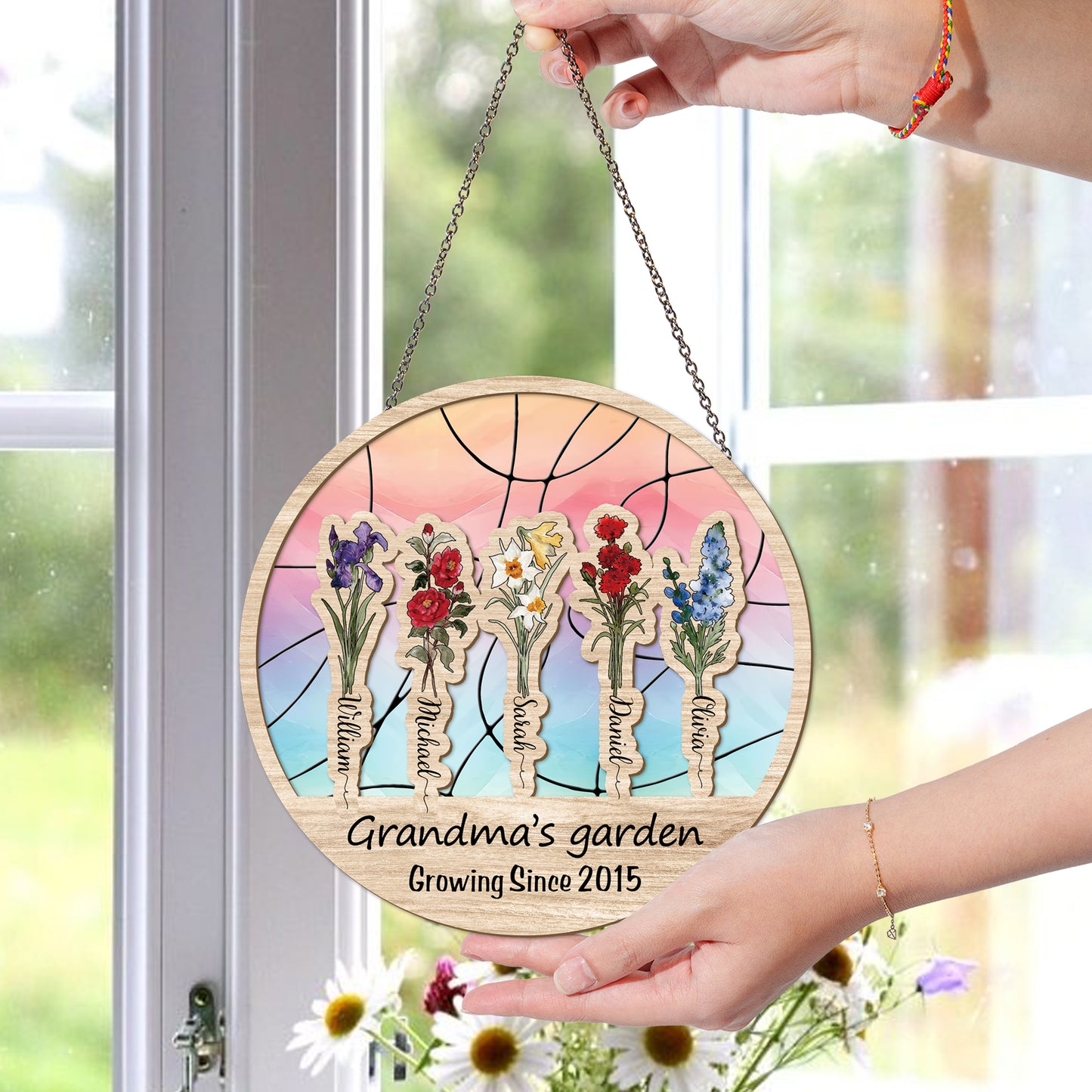 Personalized Grandma’s Garden Hanging Suncatcher, Custom Birth Flower & Name Sign, Gift for Nana (Sun-80)
