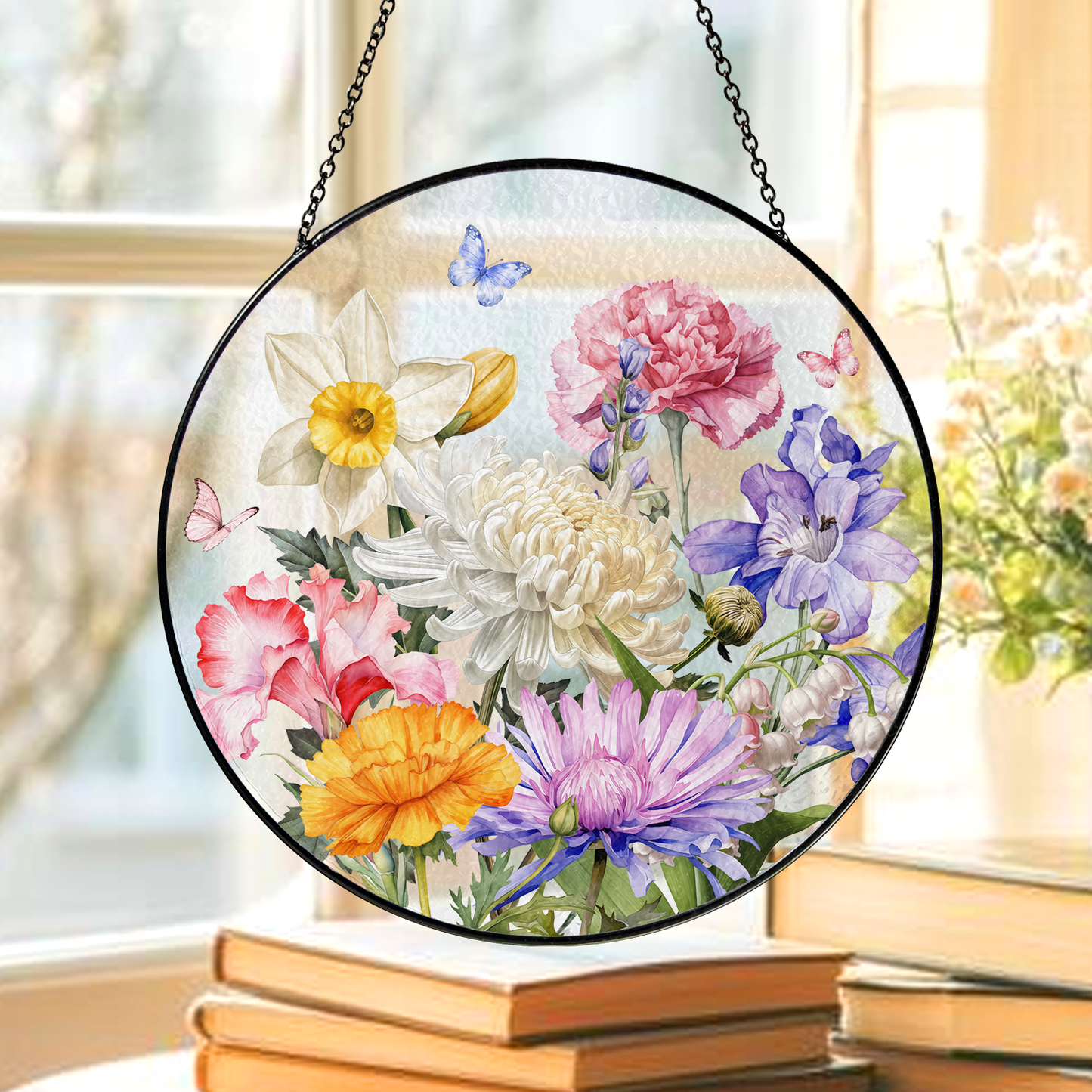Delicate Floral Glass Suncatcher β Blooming Botanical Window Hanging with Butterflies β Elegant Nature-Inspired Gift for Mom or Grandma (Sun-100)