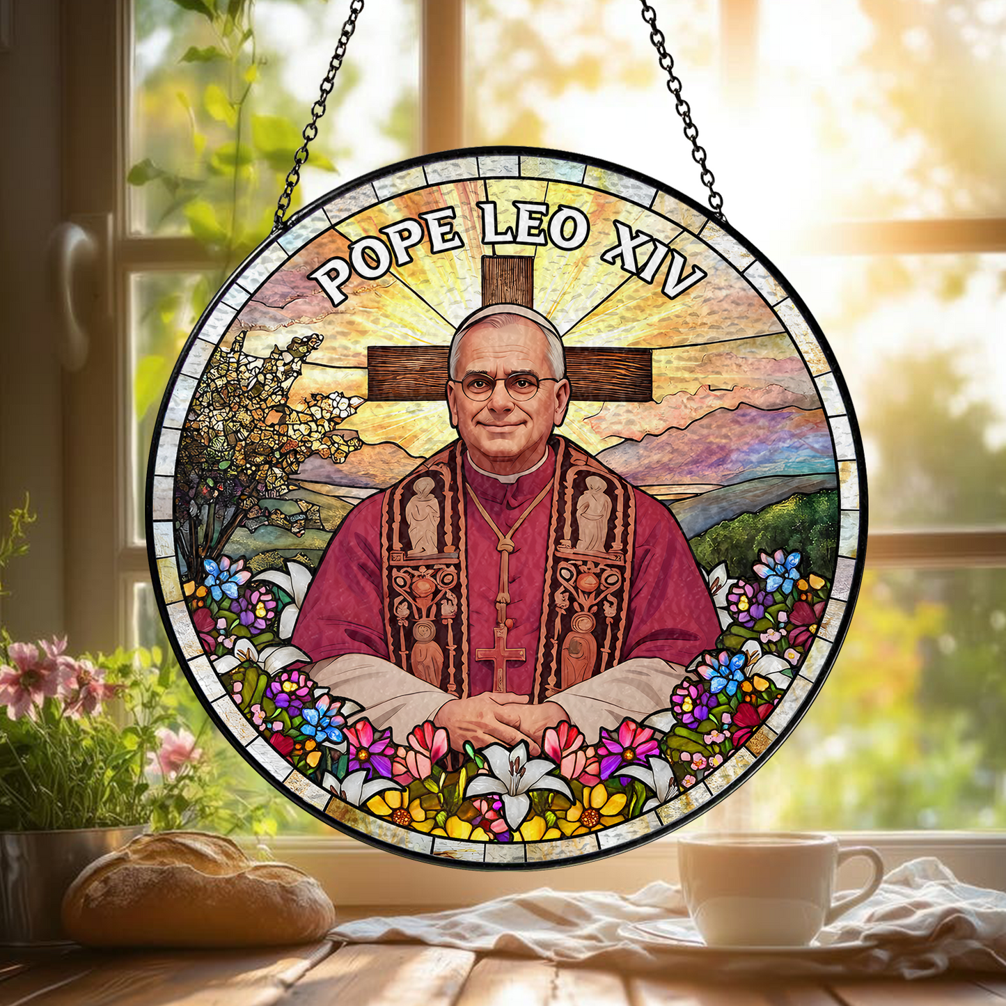Christian Gift β Pope Leo XIV Glass Suncatcher with Cross and Floral Design β Limited Edition 2025 (Sun-99)