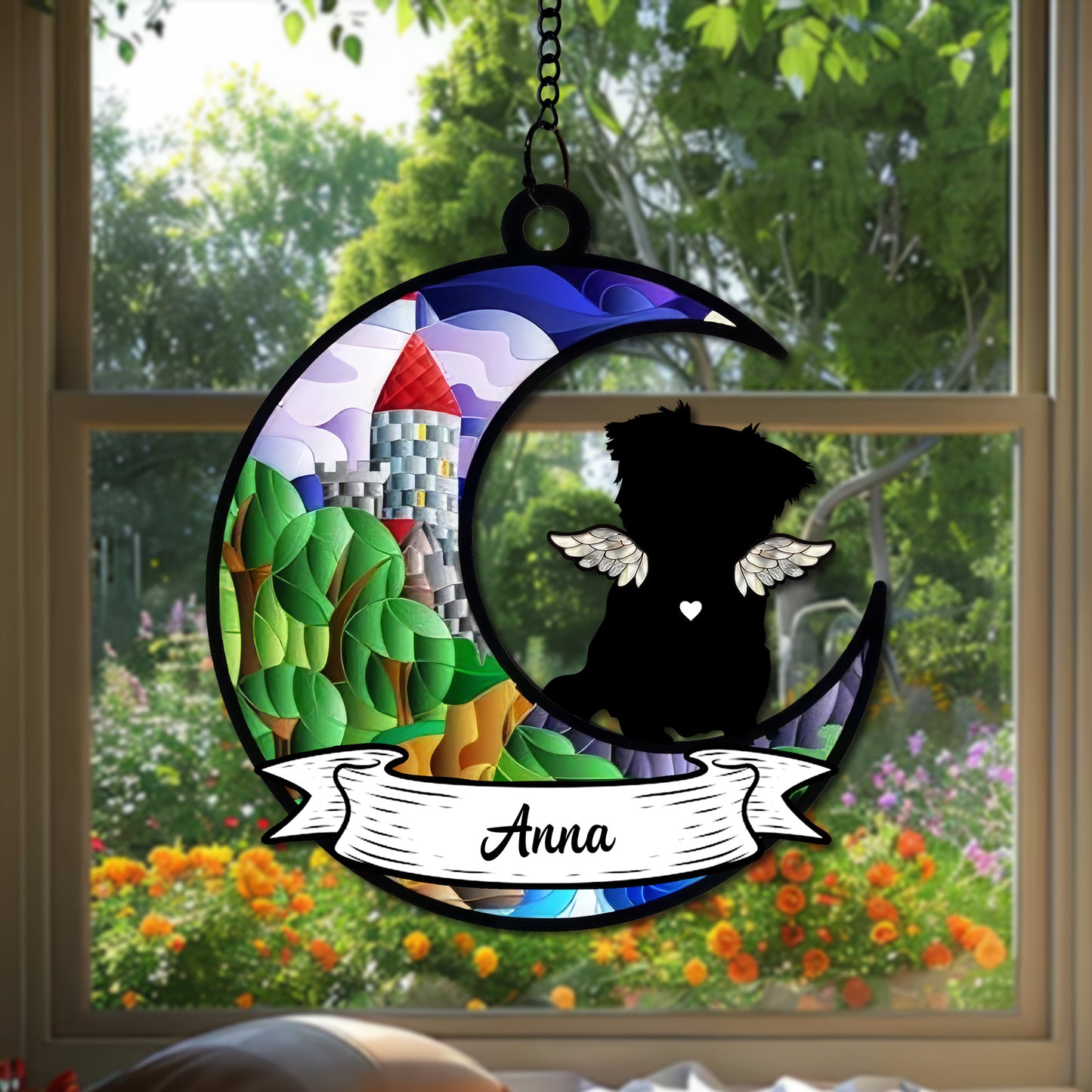 Personalized Pet Memorial Hanging Suncatcher β Crescent Moon with Angel Dog Silhouette, Name Banner, and Fairy Tale Castle Design (H-Sun-28)