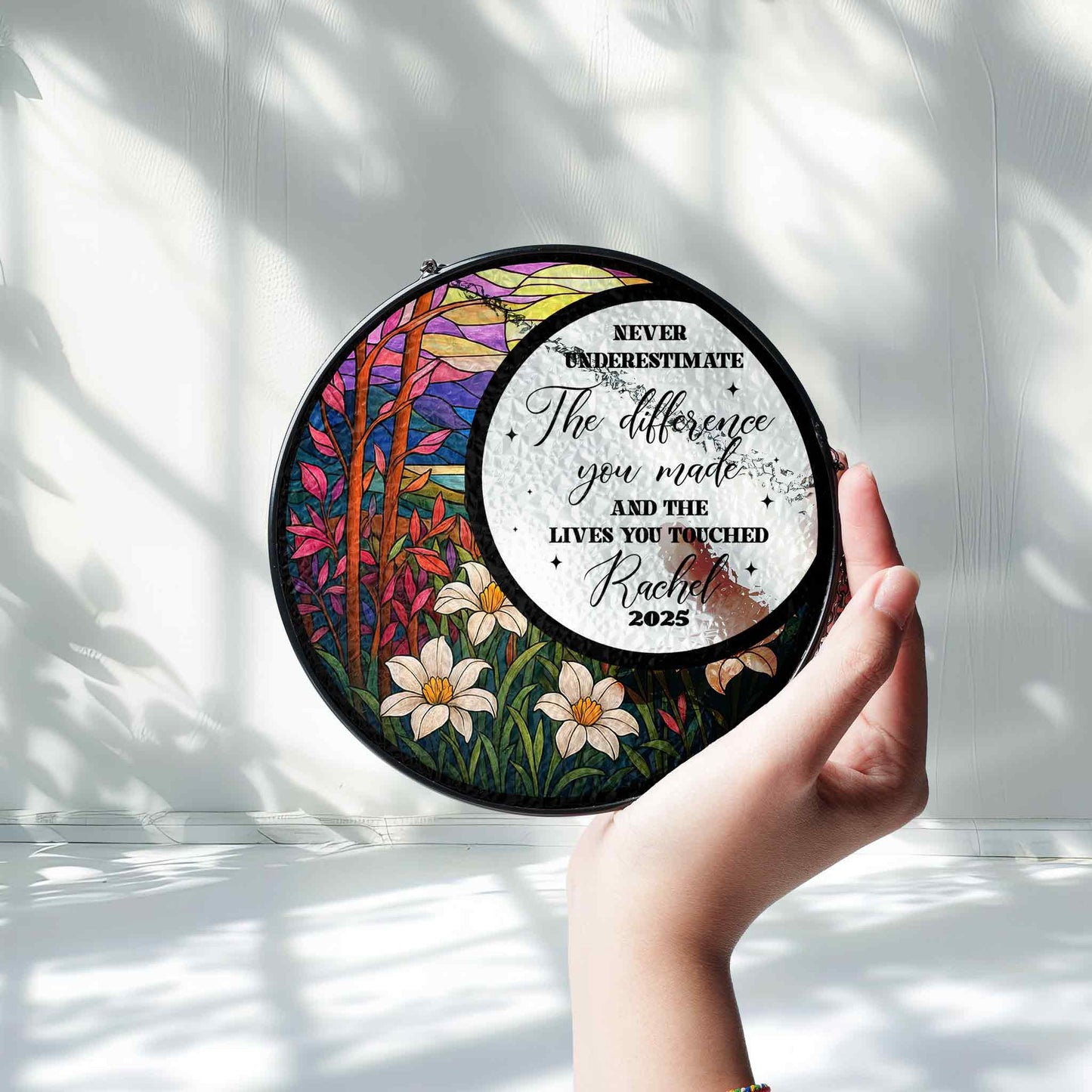 Personalized Inspirational Glass Suncatcher, Retirement Gift for Teacher or Mentor, Never Underestimate the Difference Quote, Custom Name and Year (Sun-108)
