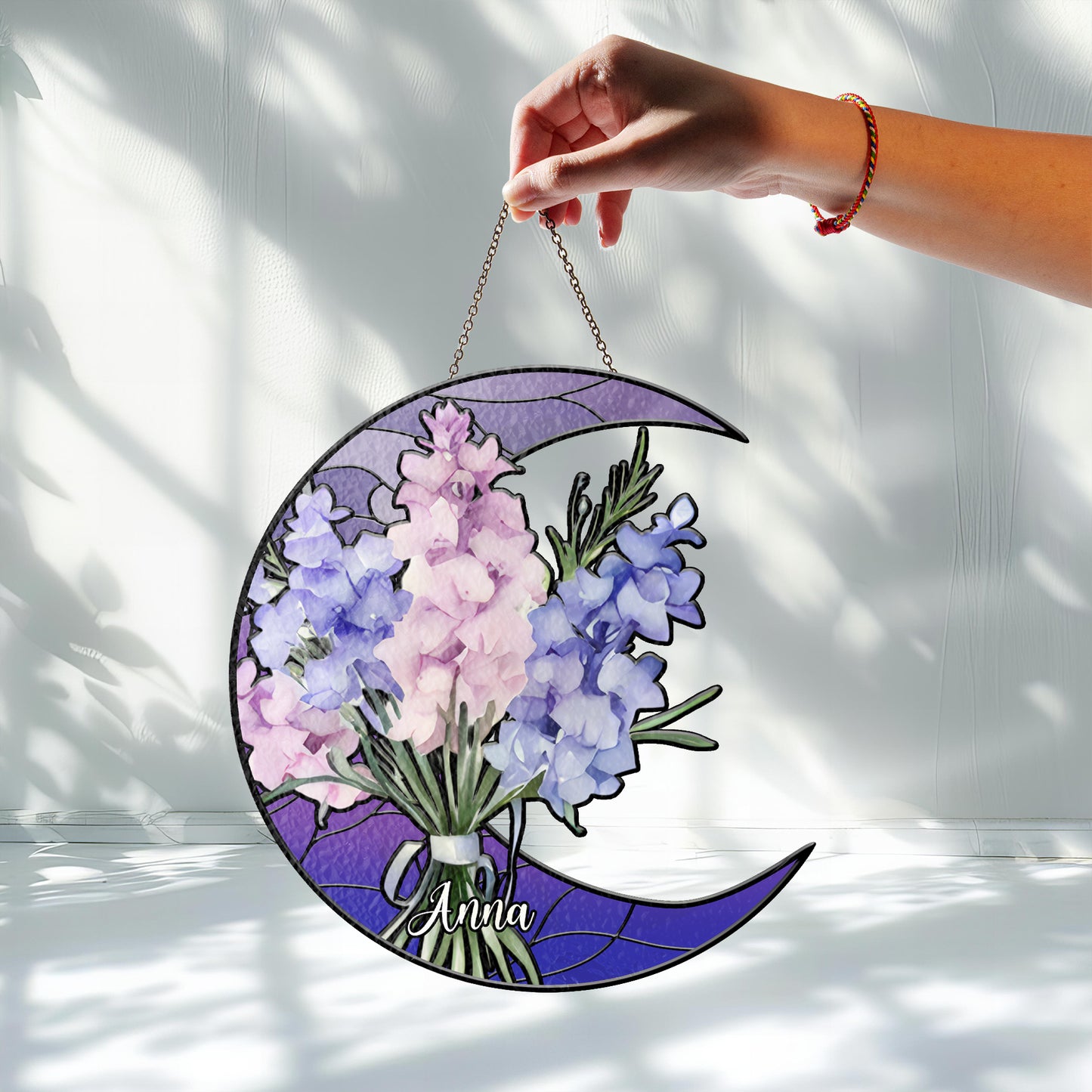 Custom Crescent Moon Glass Suncatcher with Personalized Birth Flowers and Name β Unique Window Decor and Gift for Mother, Mimi, or Nana (Sun-78)