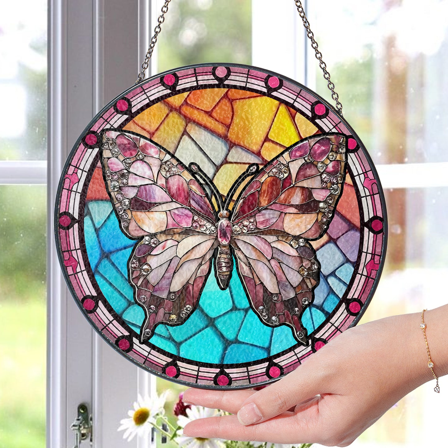 Handcrafted Glass Suncatcher with Butterfly Design β Pink & Jewel Tone Stained Glass Hanging β Window Decor for Spring or Summer (Sun-84)