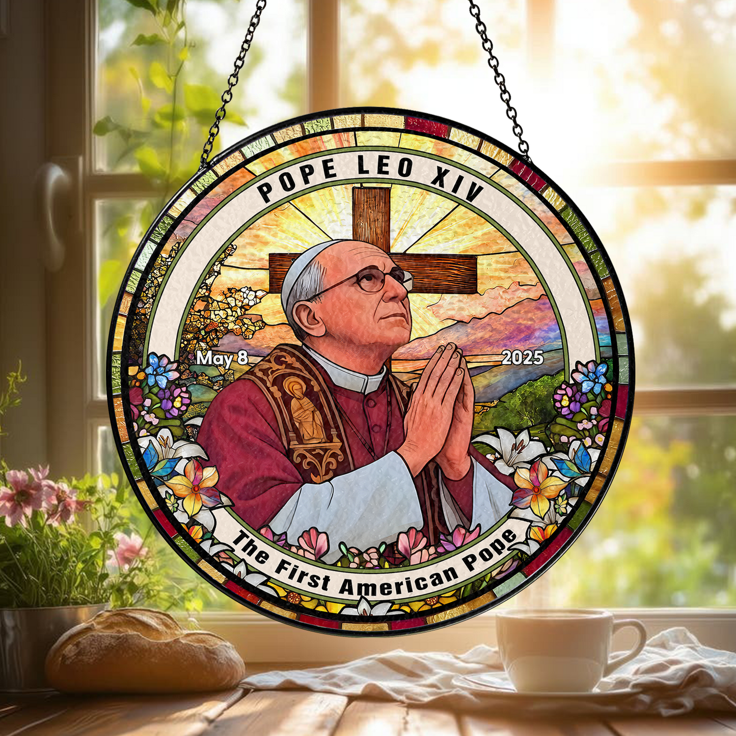 The First American Pope Glass Suncatcher – Pope Leo XIV Memorial Ornament – Christian Home Decor (Sun-98)