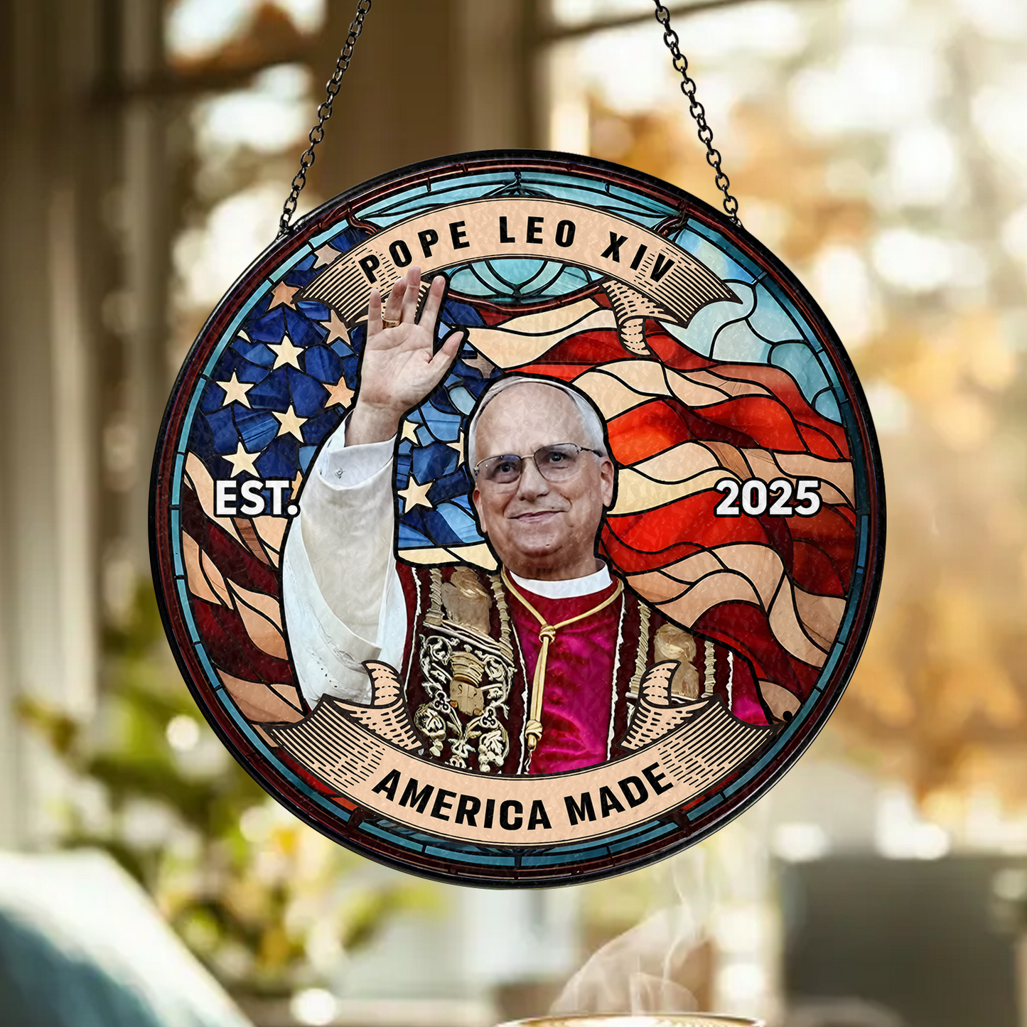 Catholic Pope Leo XIV Glass Suncatcher – Religious Stained Glass Style Hanging – Spiritual Home or Church Decor (Sun-103)