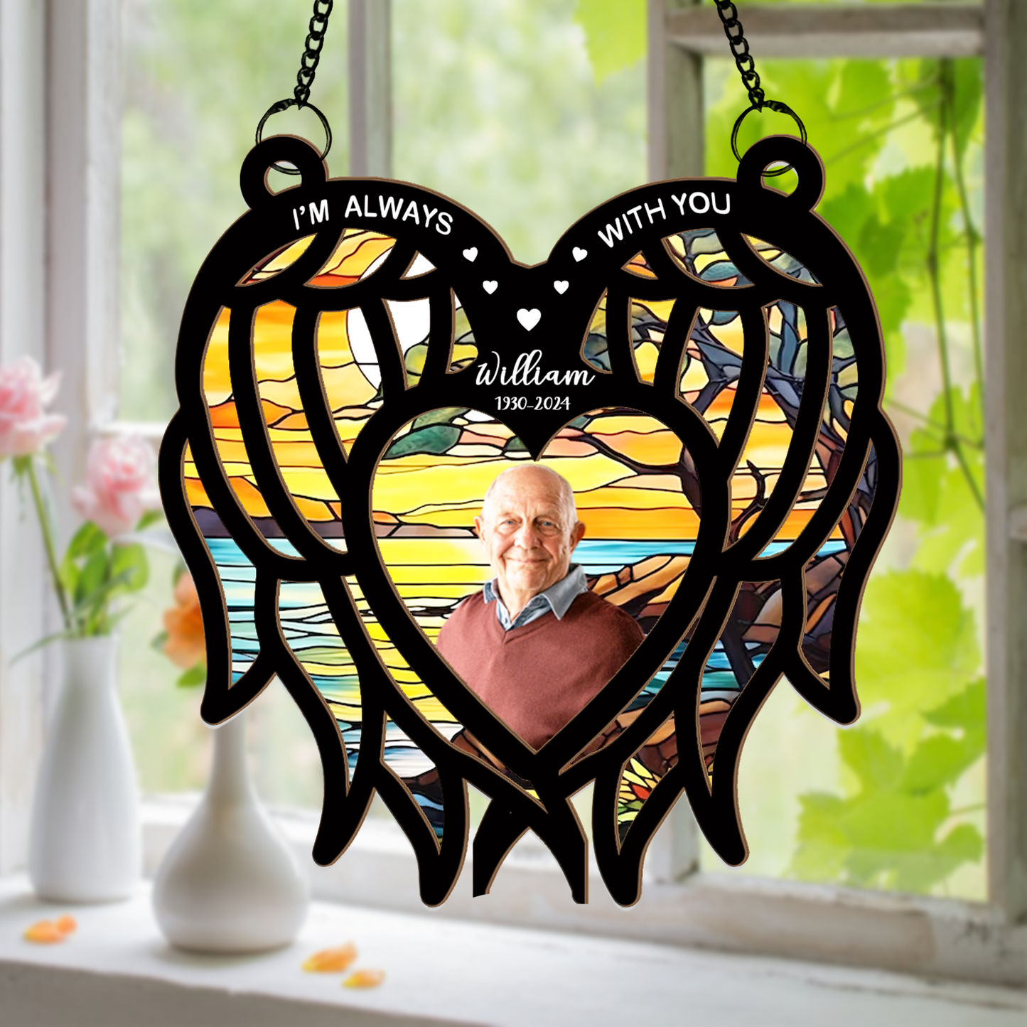 Personalized Memorial Hanging Suncatcher β Angel Wings Heart Design with Photo for Loss of Loved One (H-Sun-19)