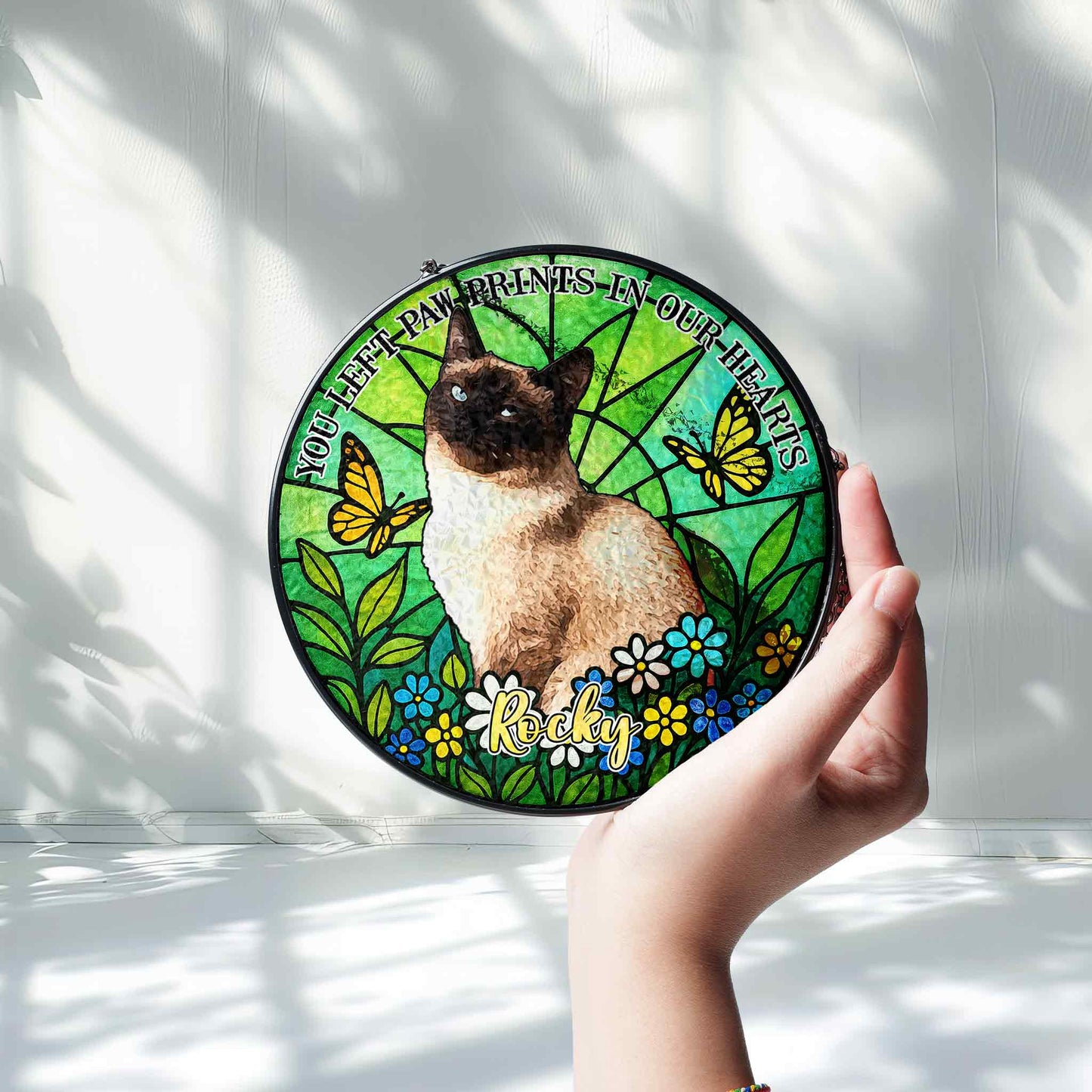 Personalized Pet Memorial Glass Suncatcher, Pet Loss Gift with Custom Name & Quote, "You Left Paw Prints In Our Hearts" Window Hanging (Sun-122)