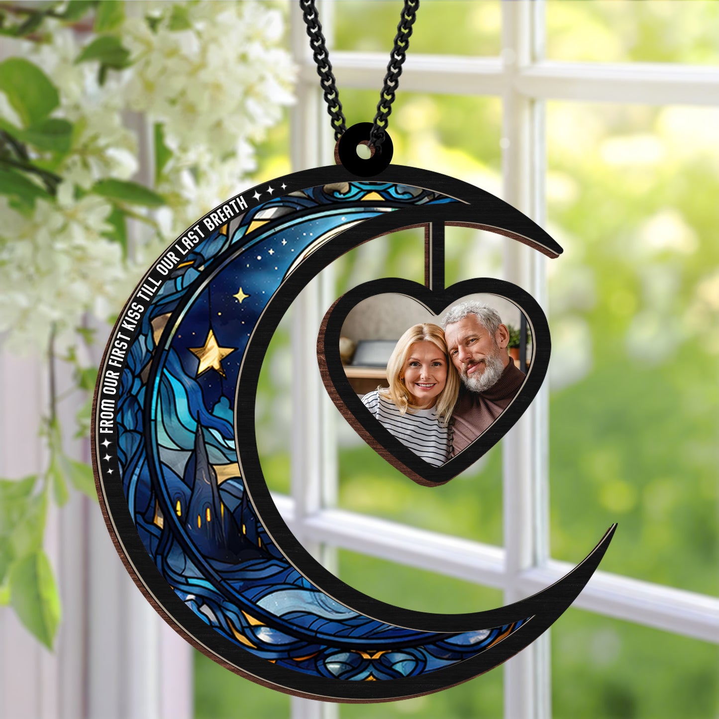 Personalized Hanging Suncatcher Moon and Heart β Custom Couple Photo Ornament β Romantic Stained Hanging Gift (Sun-105)