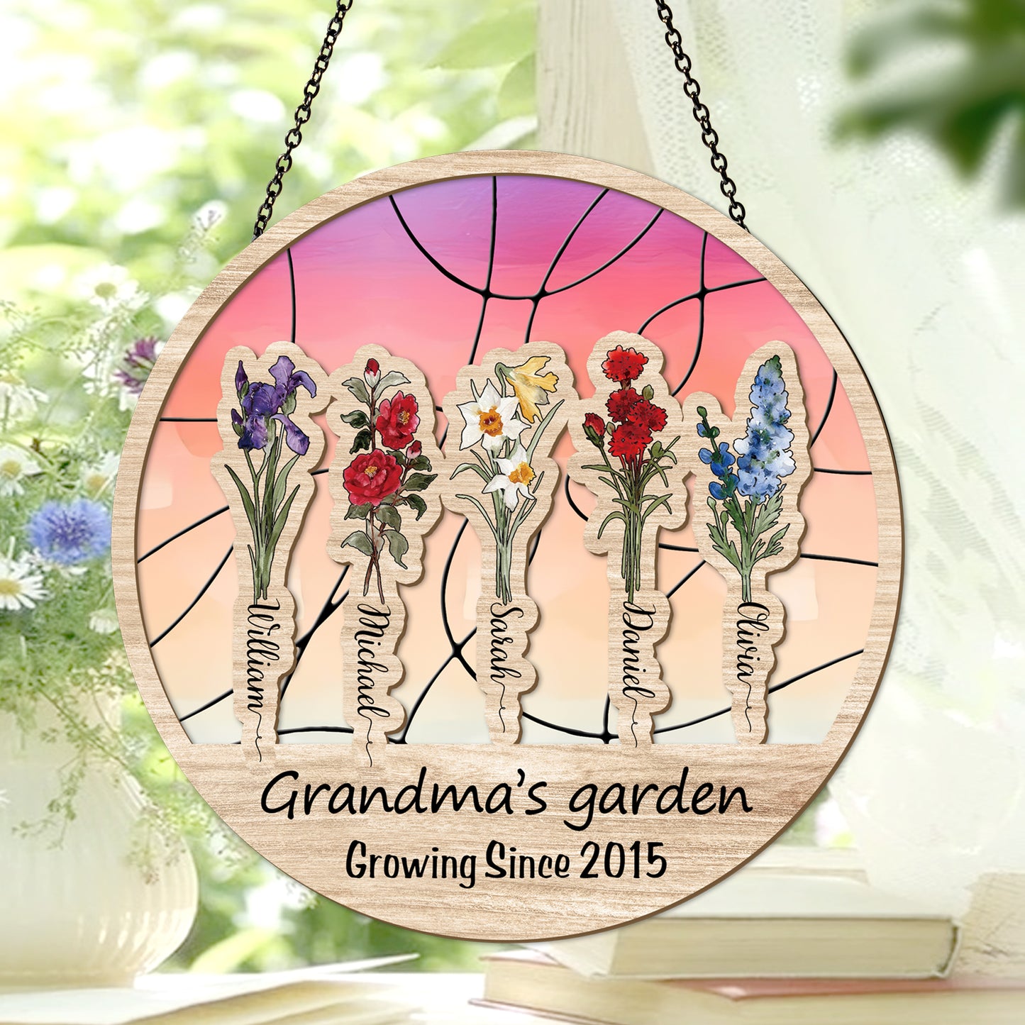 Personalized Grandma’s Garden Hanging Suncatcher, Custom Birth Flower & Name Sign, Gift for Nana (Sun-80)