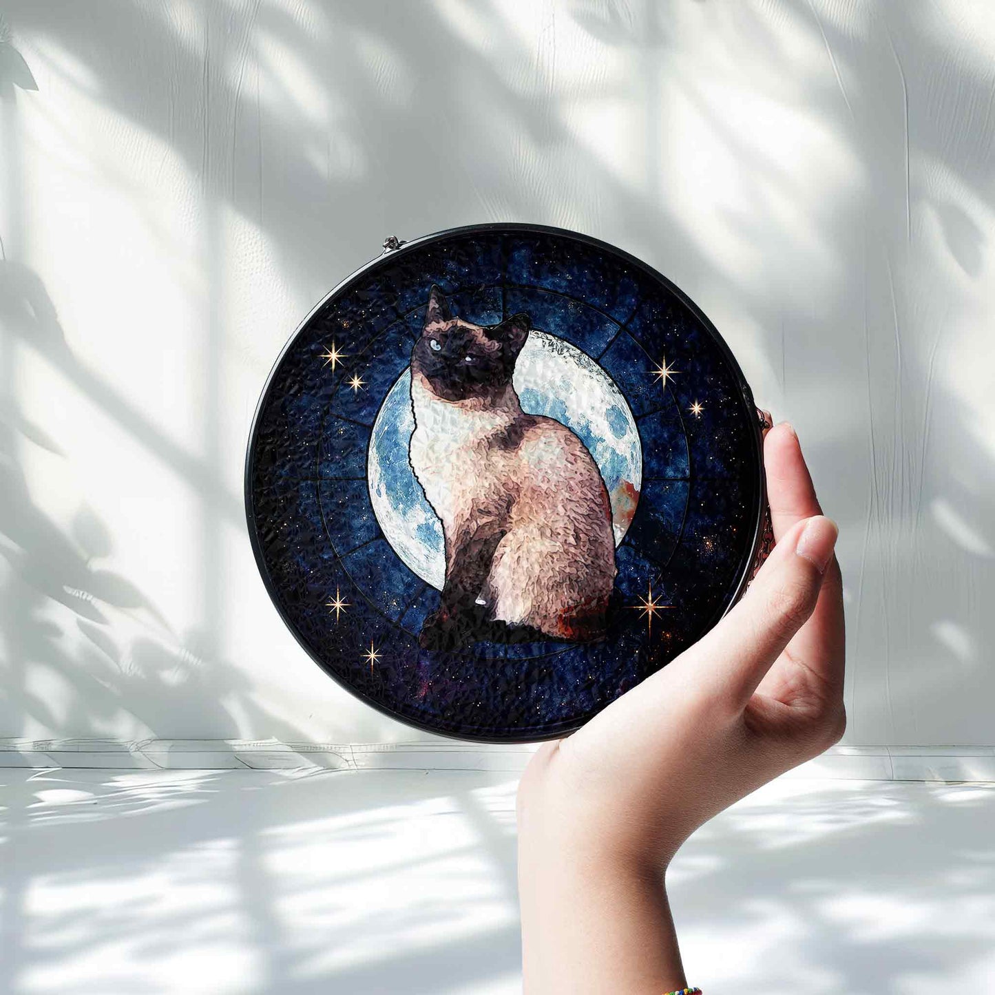 Cat Glass Ornaments, Paradise Cat Window Ornaments, Stained Glass Moon and Star Ornaments, Gifts for Cat Lovers (Sun-107)