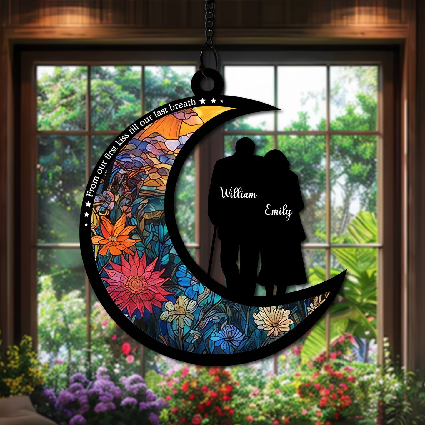Personalized Couple Moon Suncatcher, Stained Glass Style Window Hanging, Custom Names Anniversary Gift, Romantic Crescent Moon Decor, Wedding Gift for Wife Husband (H-Sun-27)