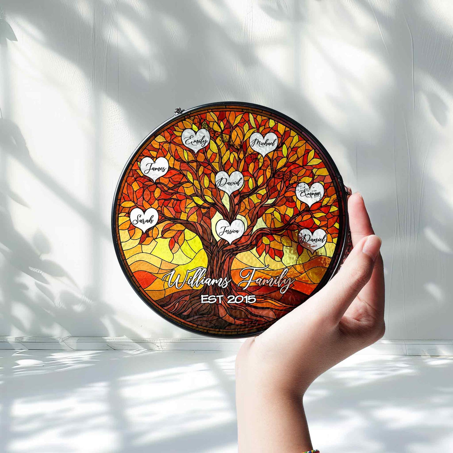 Custom Family Tree Glass Suncatcher β Personalized Stained Glass Style Window Hanging with Names & Established Year (Sun-109)