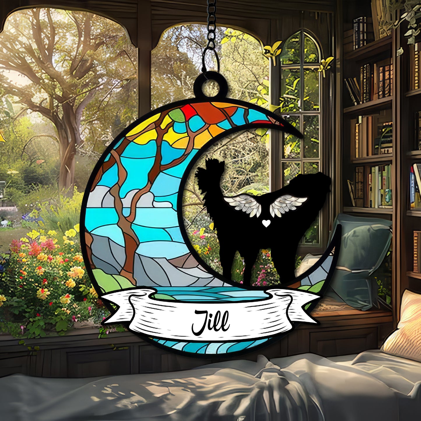 Personalized Pet Memorial Hanging Suncatcher β Crescent Moon with Angel Dog Silhouette, Name Banner, and Fairy Tale Castle Design (H-Sun-28)
