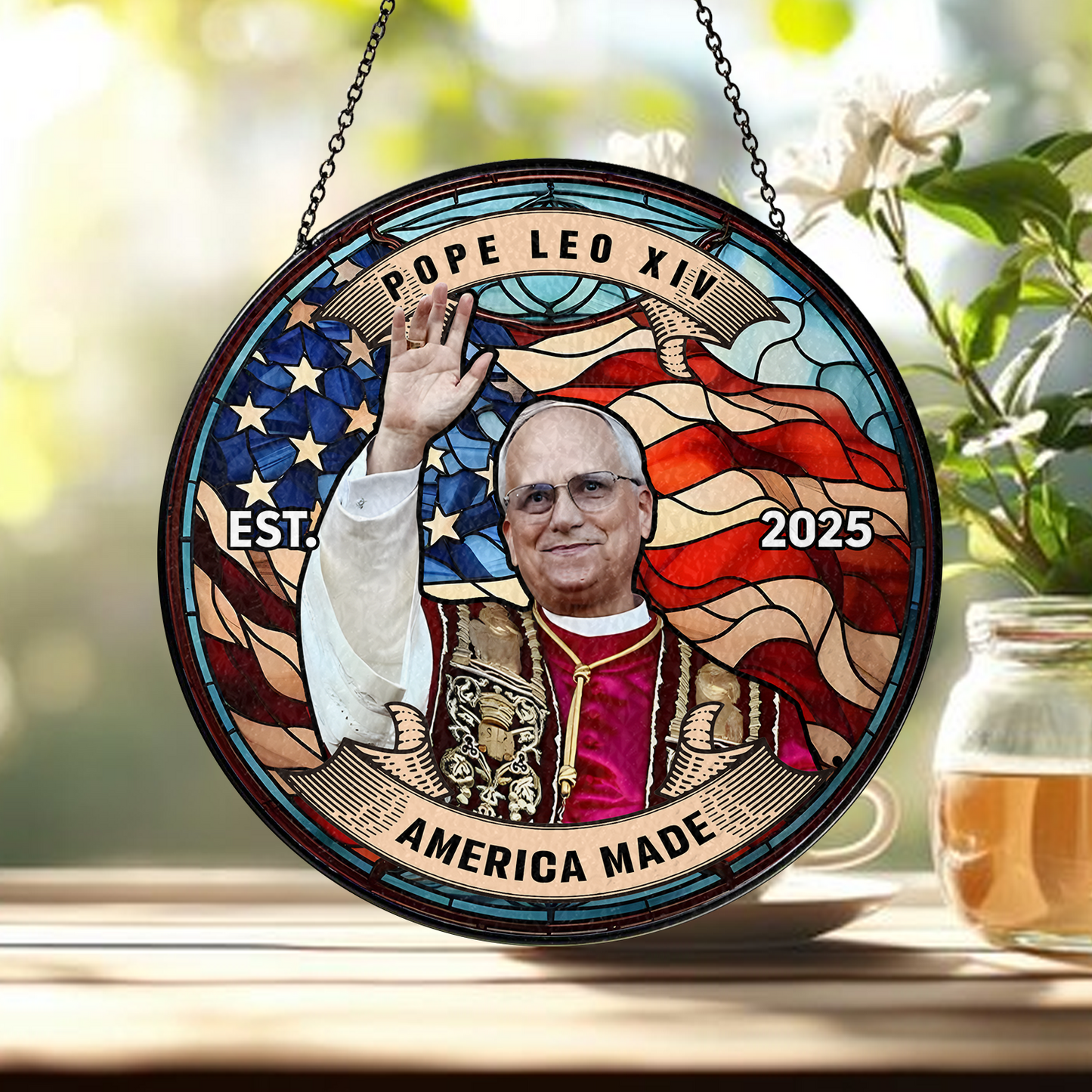 Catholic Pope Leo XIV Glass Suncatcher – Religious Stained Glass Style Hanging – Spiritual Home or Church Decor (Sun-103)