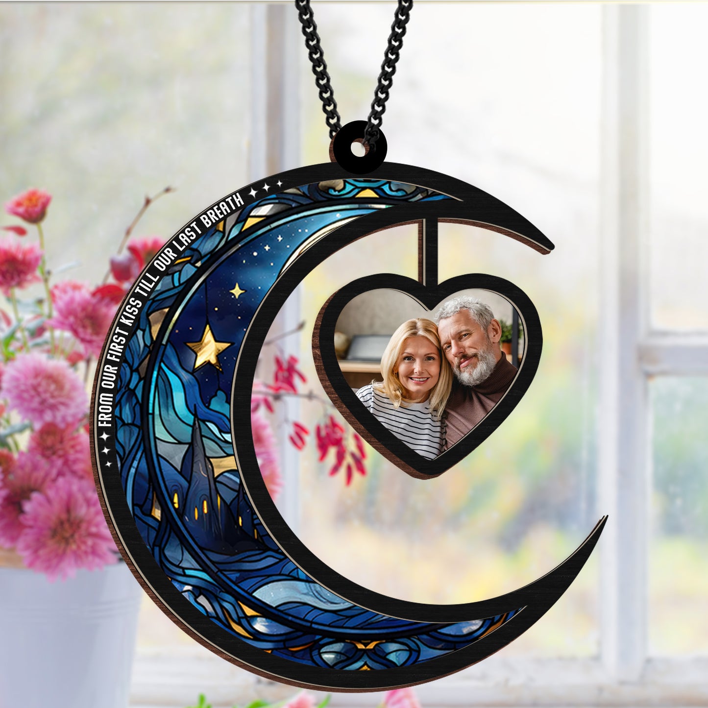Personalized Hanging Suncatcher Moon and Heart β Custom Couple Photo Ornament β Romantic Stained Hanging Gift (Sun-105)