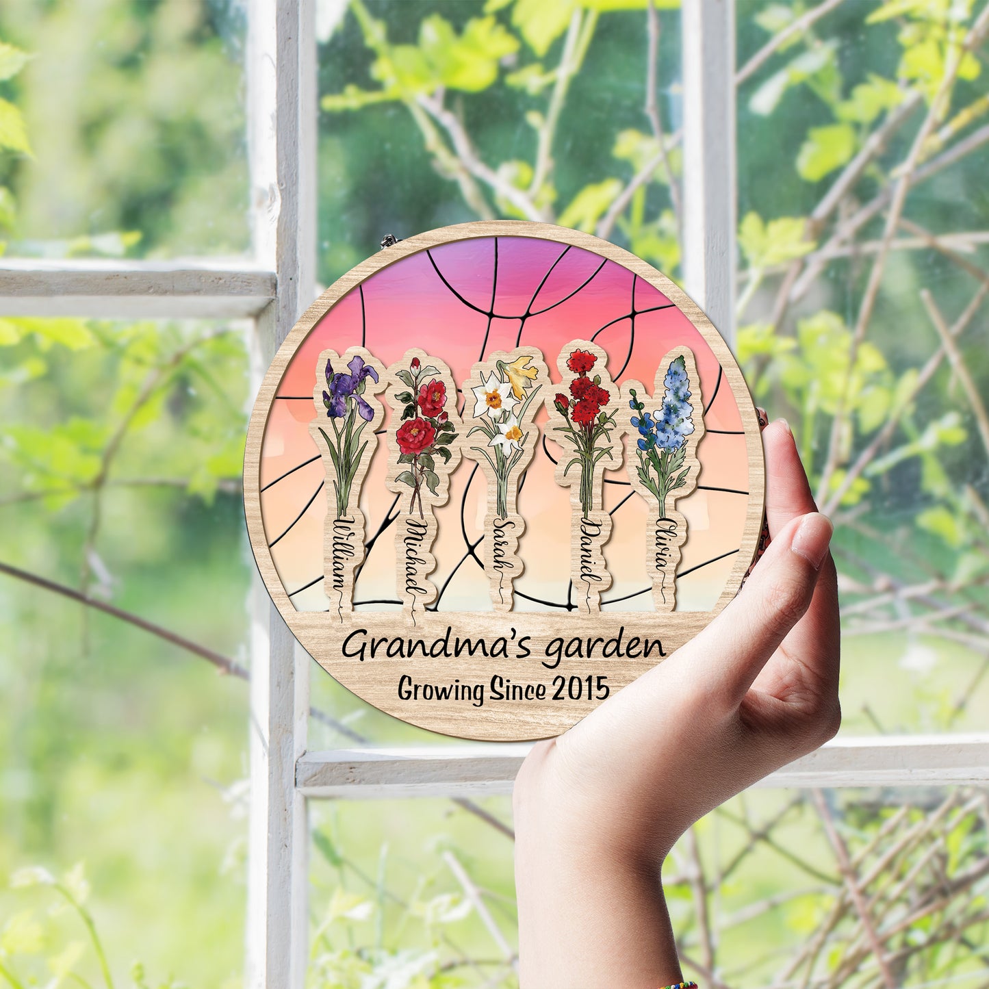 Personalized Grandma’s Garden Hanging Suncatcher, Custom Birth Flower & Name Sign, Gift for Nana (Sun-80)